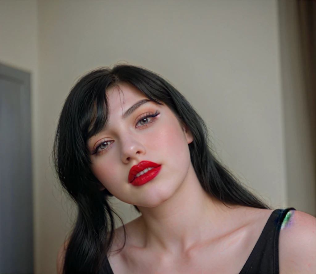 A beautiful teen girl. Make up pale skin, red lips, black hair