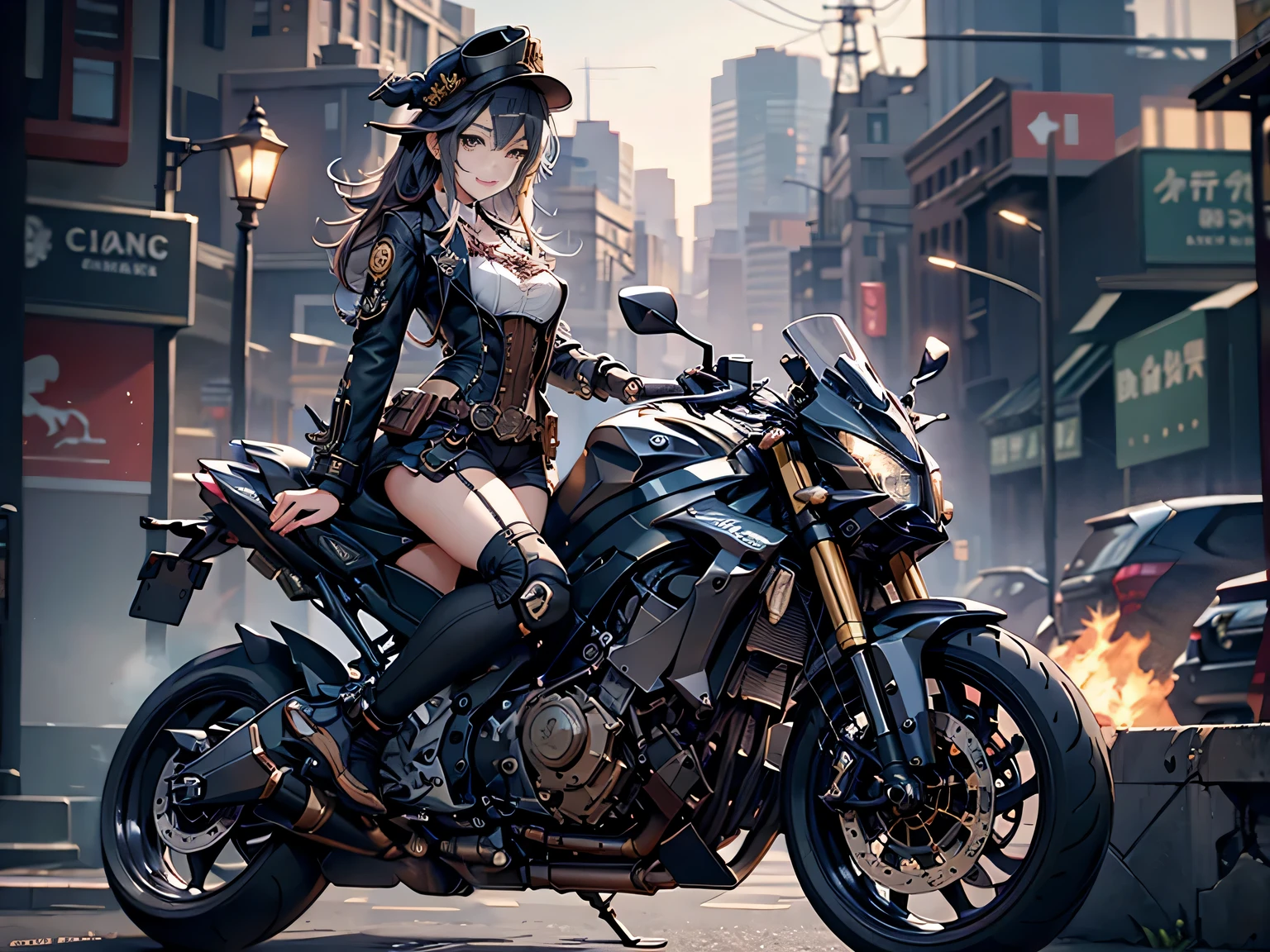 (Line art_anime),(Cowboy Shot, highest quality, ),(Photo by Laura Budd:1.2),(Laura Add details:1.0),8K, Flat Color:0.8,Dynamic Angle,1 girl,smile、(On a steampunk motorcycle:1.5)、An elaborately decorated motorcycle、(Highly decorative and complex mechanical steampunk fashion, lace flare dolphin hat、goggles 1.5、machinery background、Gear background、Intricately mechanized steampunk cityscape 1.5),