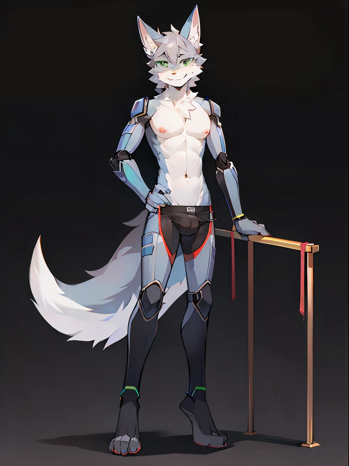 solo,Male, robot Gray wolf, detailed green eyes, long tail, big nipples, slim, sly, simple background, smirk, bulge, tail wrapping around body,((standings plit,standing on one leg Stance)),((a robot wolf showing his sexy beautiful legs and feet)),(split)