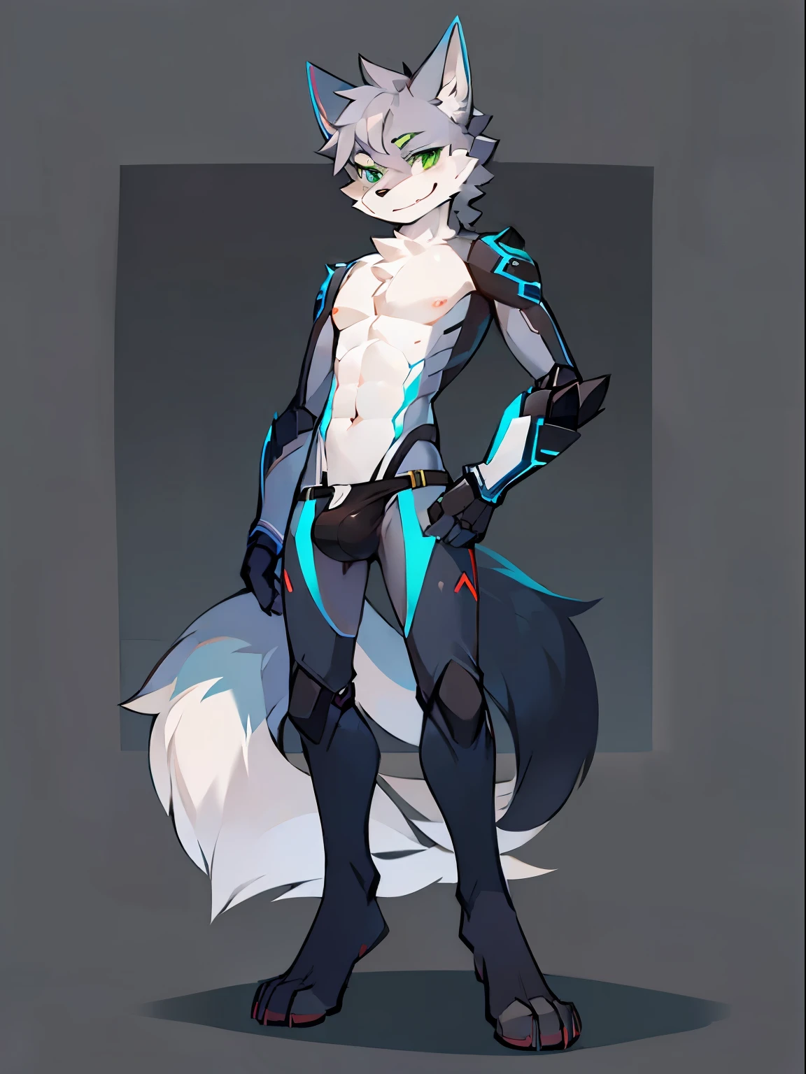 solo,Male, robot Gray wolf, detailed green eyes, long tail, big nipples, slim, sly, simple background, smirk, bulge, tail wrapping around body,((standings plit,standing on one leg Stance)),((a robot wolf showing his sexy beautiful legs and feet)),(split)