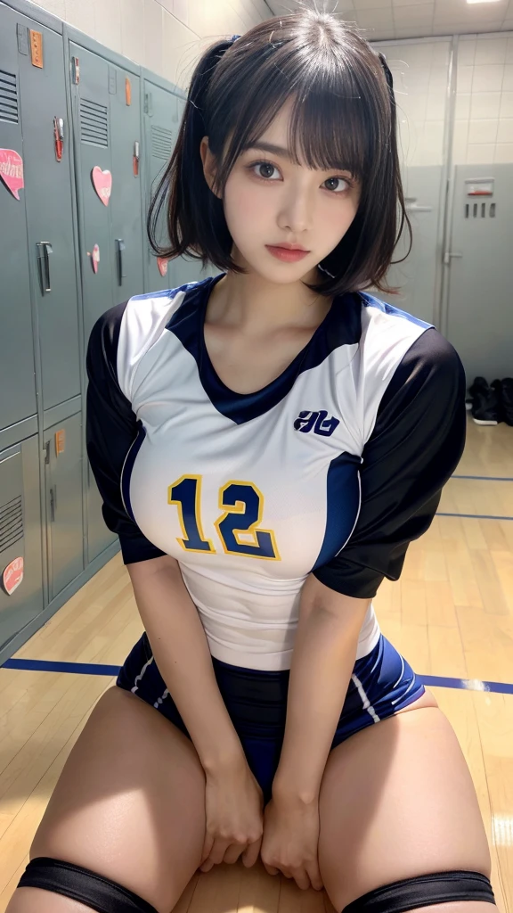 muste piece, best quality, illustration, Super detailed, fine details, High resolution, 8K,wall paper, perfect dynamic composition,(Details High quality, realistic depiction of eyes:1.3), (short hair volleyball player, Volleyball Uniforms), Tight clothes, locker room, (large breasts), black hair color, Big Natural Color Lip, bold sexy pose, (perfect body shape), Do gal makeup, sexy face, Harajuku style、20 year old girl、cute type、lolita、beautiful legs, hposing Gravure Idol, Voluptuous thighs, (woman on top, straddling, sitting, heart shaped pupils),(facial, bukkake)