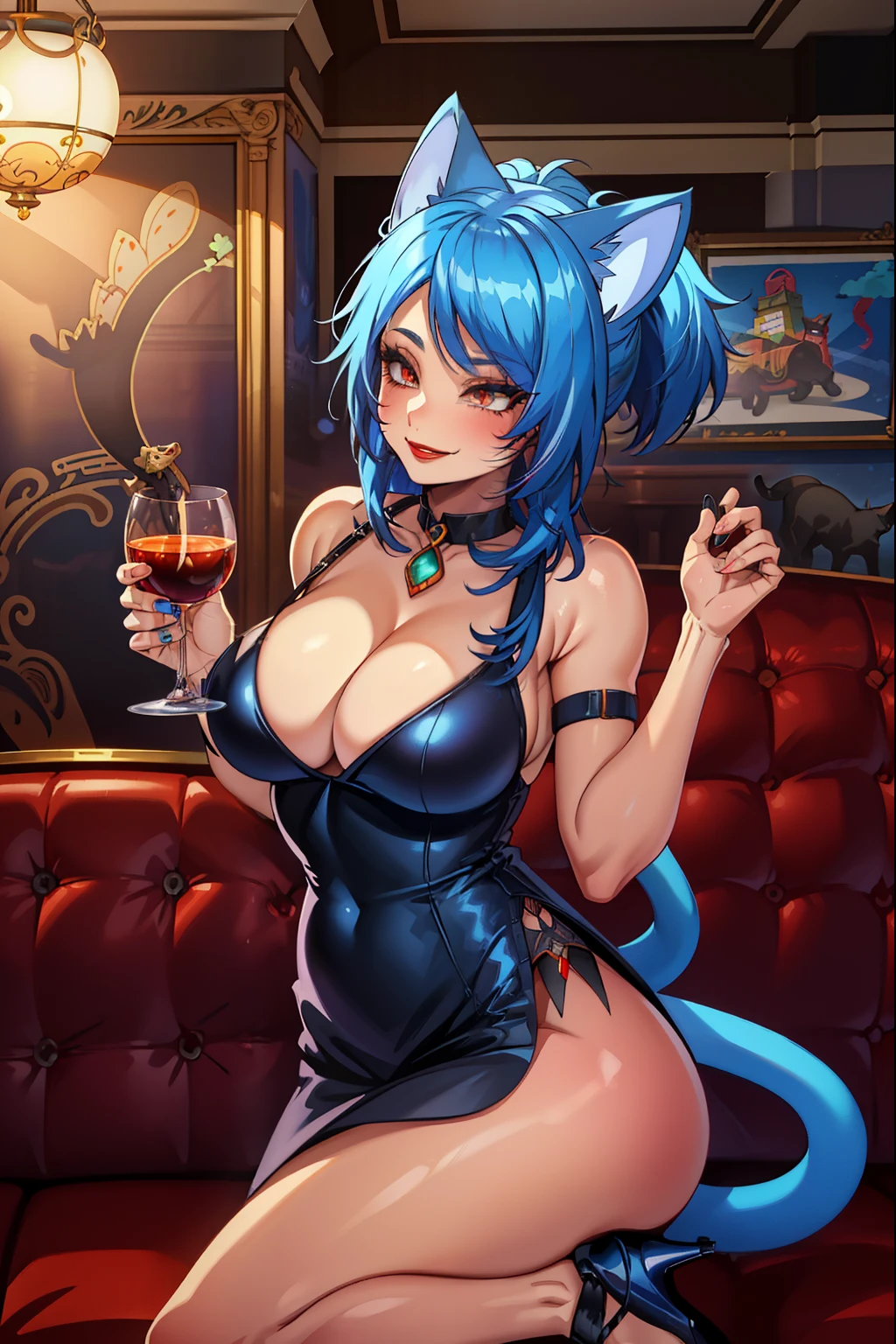 cat girl, blue hair, red eyes, cat ears, cat tail, (extremely detailed CG unity 4k wallpaper),(masterpiece),(best quality),(ultra-detailed),(best illustration),(best shadow),(absurdres),(detailed background), Smiling, fancy restaurant, red Lipstick, Eyeshadow, Black dress, high heels,