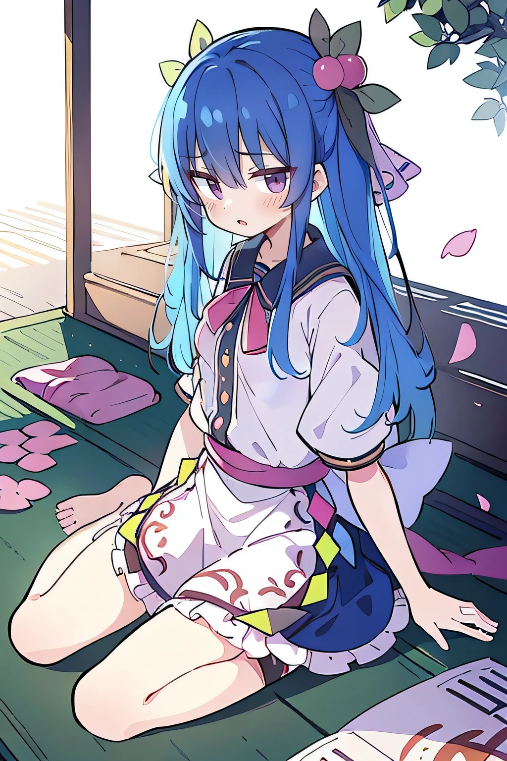 (best quality, masterpiece:1.2), expressive eyes, perfect face, 1 girl, hands on waist, beautiful, gorgeous, Japanese animation, Lola, Hinamori Angel, blue hair, floating clothes, waist grab, waist grab, hands on hips, sitting, sitting on the ground, legs on the ground, flat-chested, falling petals, sitting in a pavilion, pavilion.