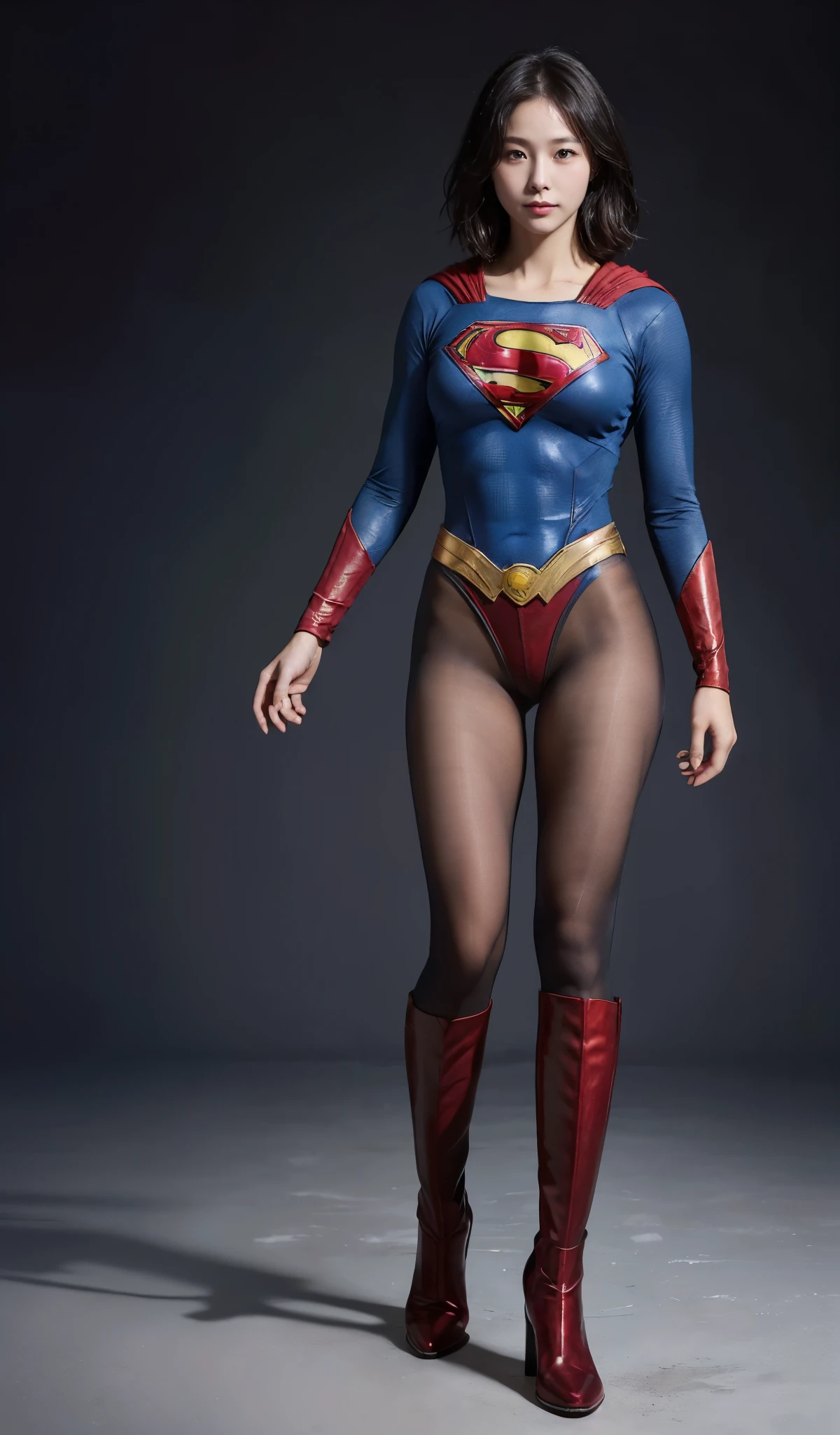 No background、(((Beautiful legs in black tights.)))、(((Legally express the beauty of your smile)))、((((Make the most of your original images)))、(((Supergirl Costume)))、(((beautiful short bob hair)))、(((suffering)))、(((Please wear black tights....、Wear red boots)))、((Best image quality、8K))、((highest quality、8K、masterpiece:1.3))、(((Preserve background )))、Sharp focus:1.2、Beautiful woman with perfect figure:1.4、Thin abdominal muscles:1.2、Wet body:1.5、Highly detailed face and skin texture、8K