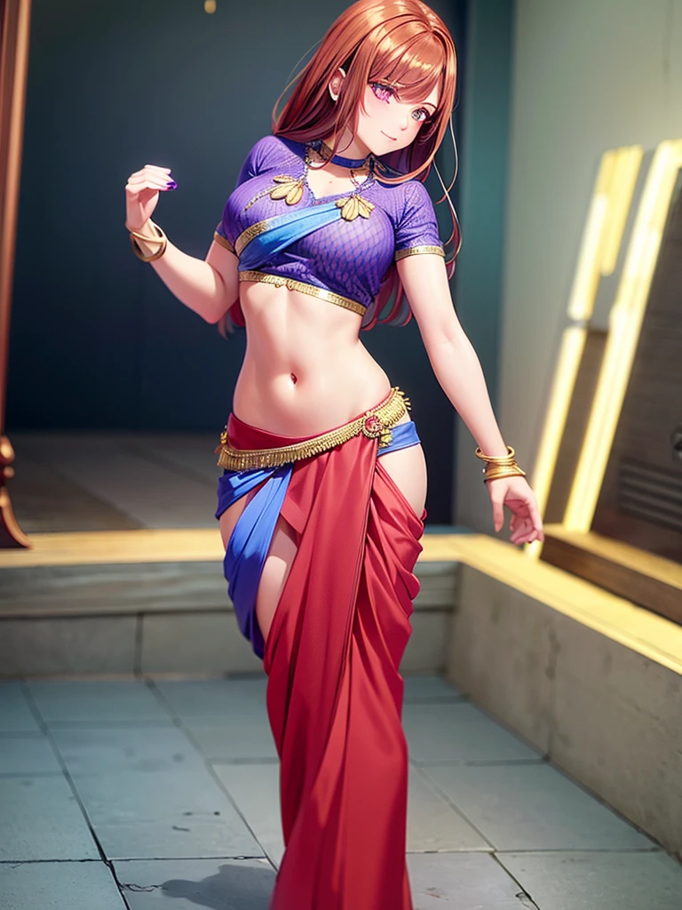 （8k, RAW photos, minino：1.1） ，female，（looki at viewer company），cowboy lens，Japanese，nakao miku  / (qq\），（fullbody saree：1.1），La Brett Piercing，cleavage，((( saree)))，seductive smile，Be red on the face, full body photo, standing, lean, muscular legs, muscular belly, long hair, brown hair, hair between eye, blue eye, breasts, headphone, medium breasts, (no bindi) Professional lighting、photon mapping、physics-based rendering、dark theme，wearing wifs, jewellery and necklace, alone, extreme high quality, legs covering saree, 