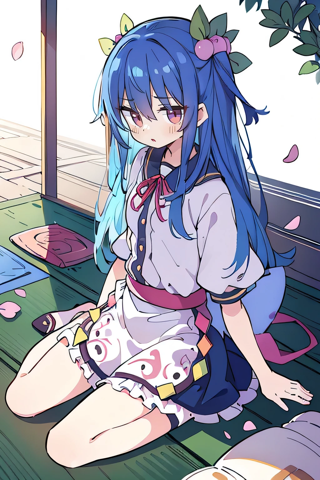 (best quality, masterpiece:1.2), expressive eyes, perfect face, 1 girl, hands on waist, beautiful, gorgeous, Japanese animation, Lola, Hinamori Angel, blue hair, floating clothes, waist grab, waist grab, hands on hips, sitting, sitting on the ground, legs on the ground, flat-chested, falling petals, sitting in a pavilion, pavilion.