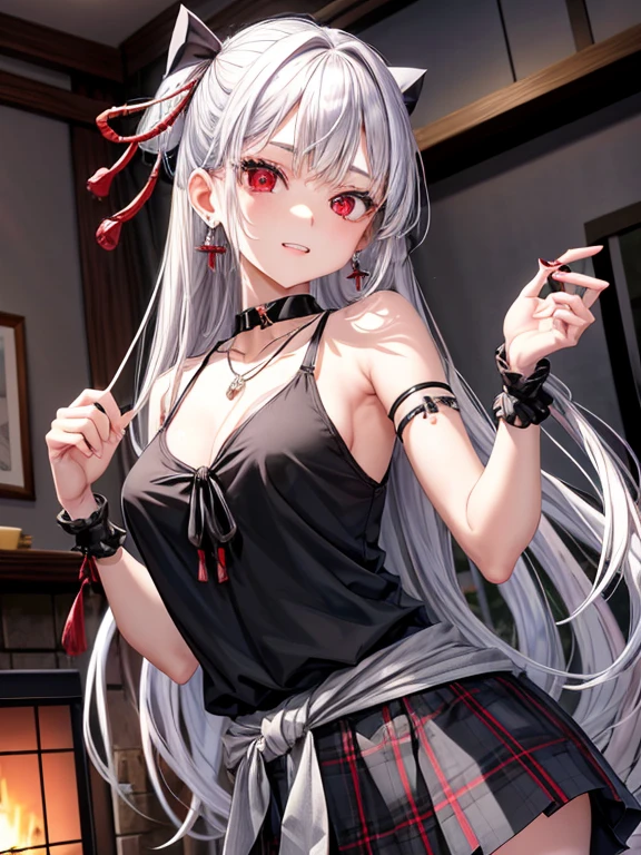 8k, highres, ultra detailed, (masterpiece:1.4), best quality, 1girl , black scrunchie, breasts , closed mouth , hair ornament , hair scrunchie , long hair , mesugaki , purple eyes , side ponytail , sleeveless dress , small breasts , smile , solo , tongue , tongue out , white dress, white hair