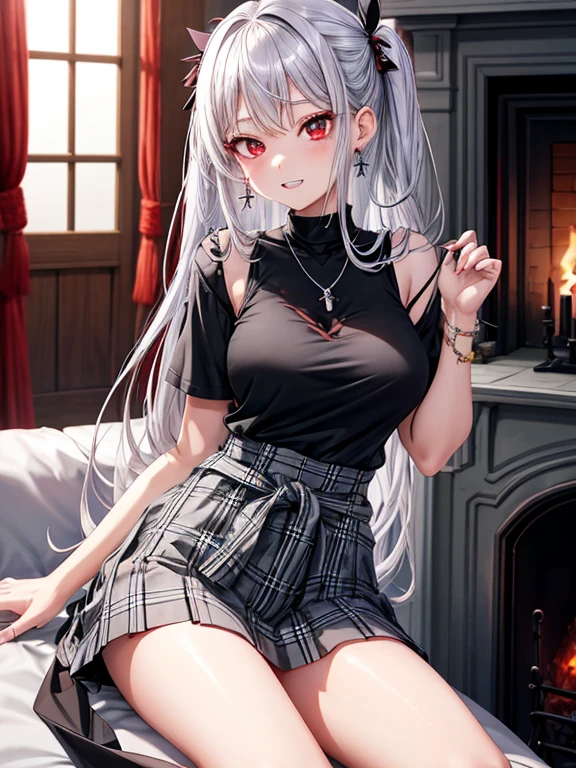 Silver Hair、Red Eyes、a good looking girl、Solitary、Japanese cartoons、Plaid Mini Skirt、Black Camisole、Black T-shirt、skirt、Ribbons are tied、Tie at the waist、crystal earrings、Jewelry Necklaces、Light and Shadow、Tilt one's face、The teeth are clearly visible、pillar、Sky Light、fireplace、s face