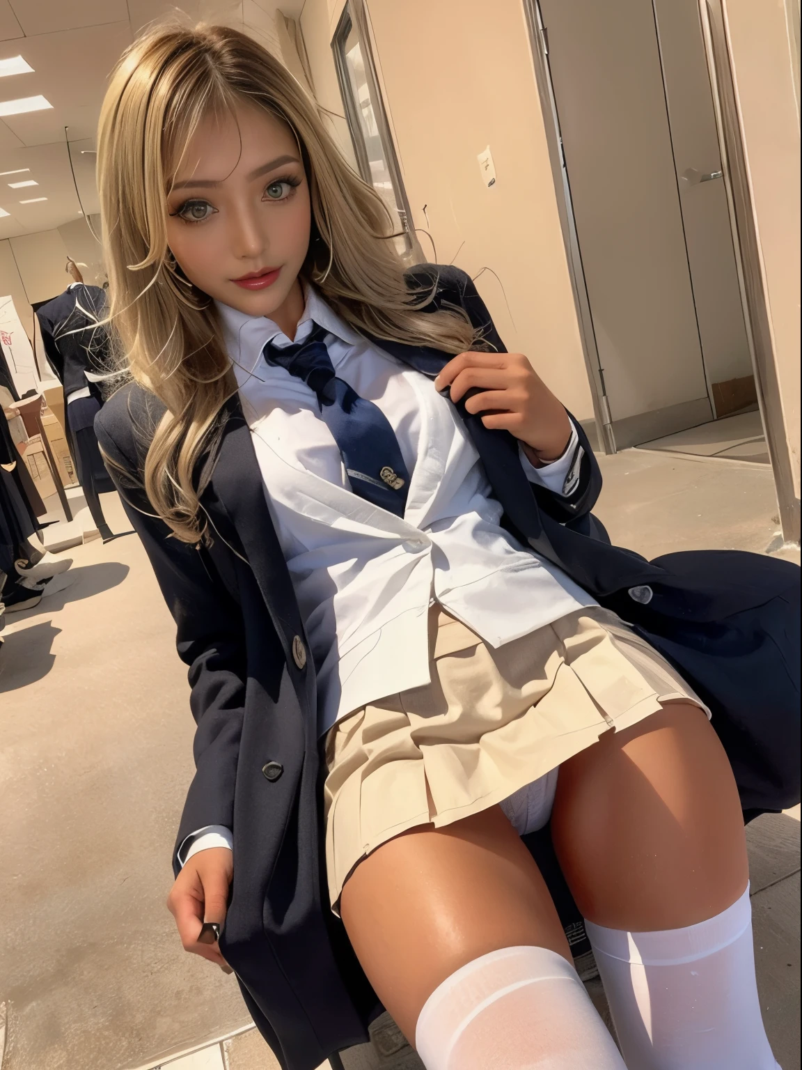 (skirt suit:1.2),((Panty shot)),((Under the skirt:1.2)),Gal, (Anatomically correct,),masterpiece, highest quality, Raw photo, Photorealistic, face, unbelievably ridiculous, Beautiful girls, cute, Blunt bangs, Depth of written boundary, High resolution, 超detailedな, detailed, ighly detailedd, extremely detailedd eye and face, Cinema Lighting, pale and tanned skin,alone,woman,(Wavy Hair,Blonde),(panties), Loose socks, ((Sensual;1.5)), Glamour, Sunburn marks on tanned skin