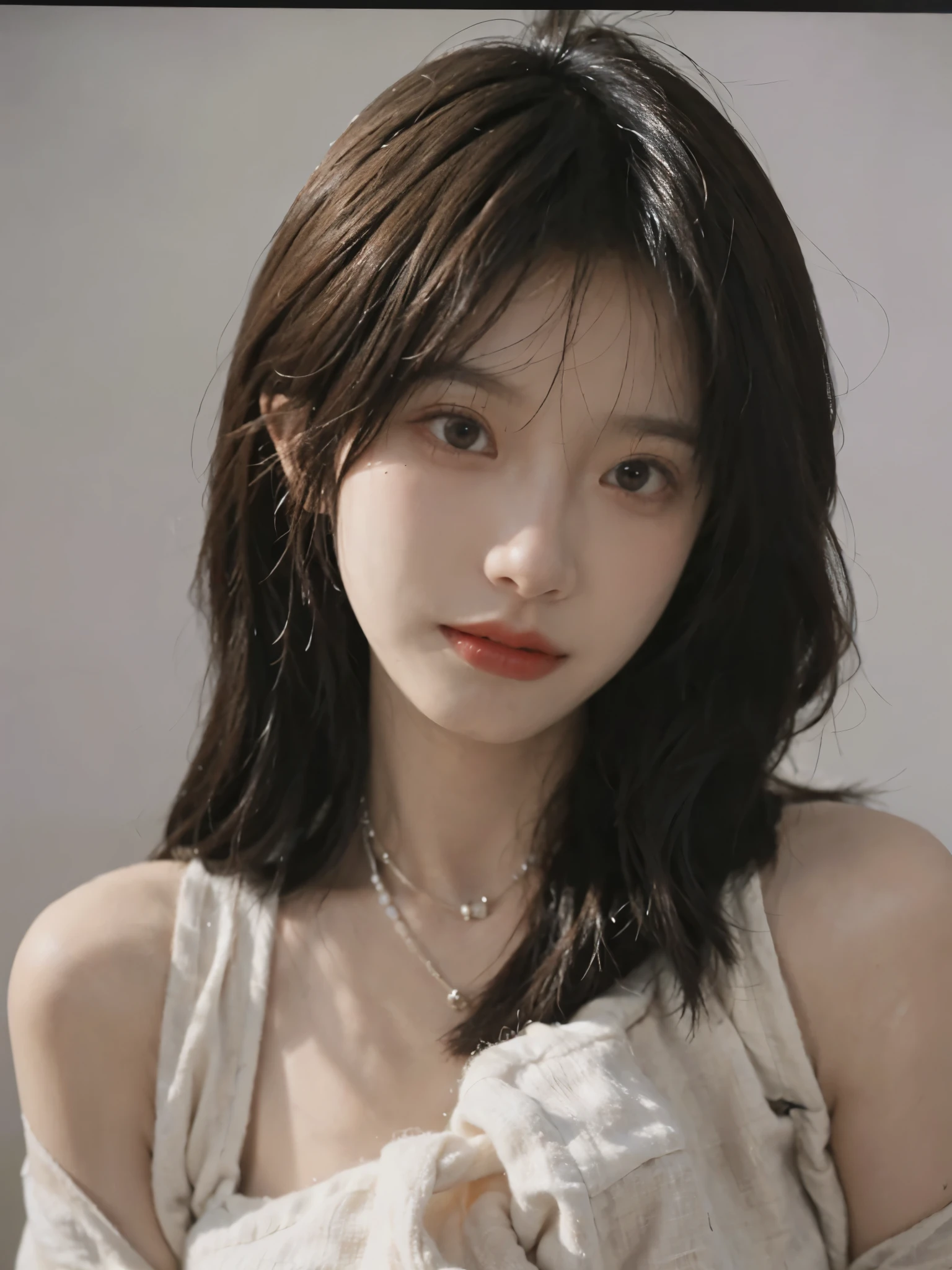 Film portrait photography, 2 girls, Bare shoulders,Lipstick,White background,(flat chest:1.4), Wear a necklace,Cute expression,Exquisite makeup,Red suspenders,serene, calm, (Realistic and detailed eyes, Natural skin texture, Realistic facial details),( Big breasts:2.8),(whole body:1.4)Big Breasts,Soft dramatic lighting, Depth of Field, Bokeh, Vibrant details, Detailed and detailed, Surreal, 35mm film, hazy, ,