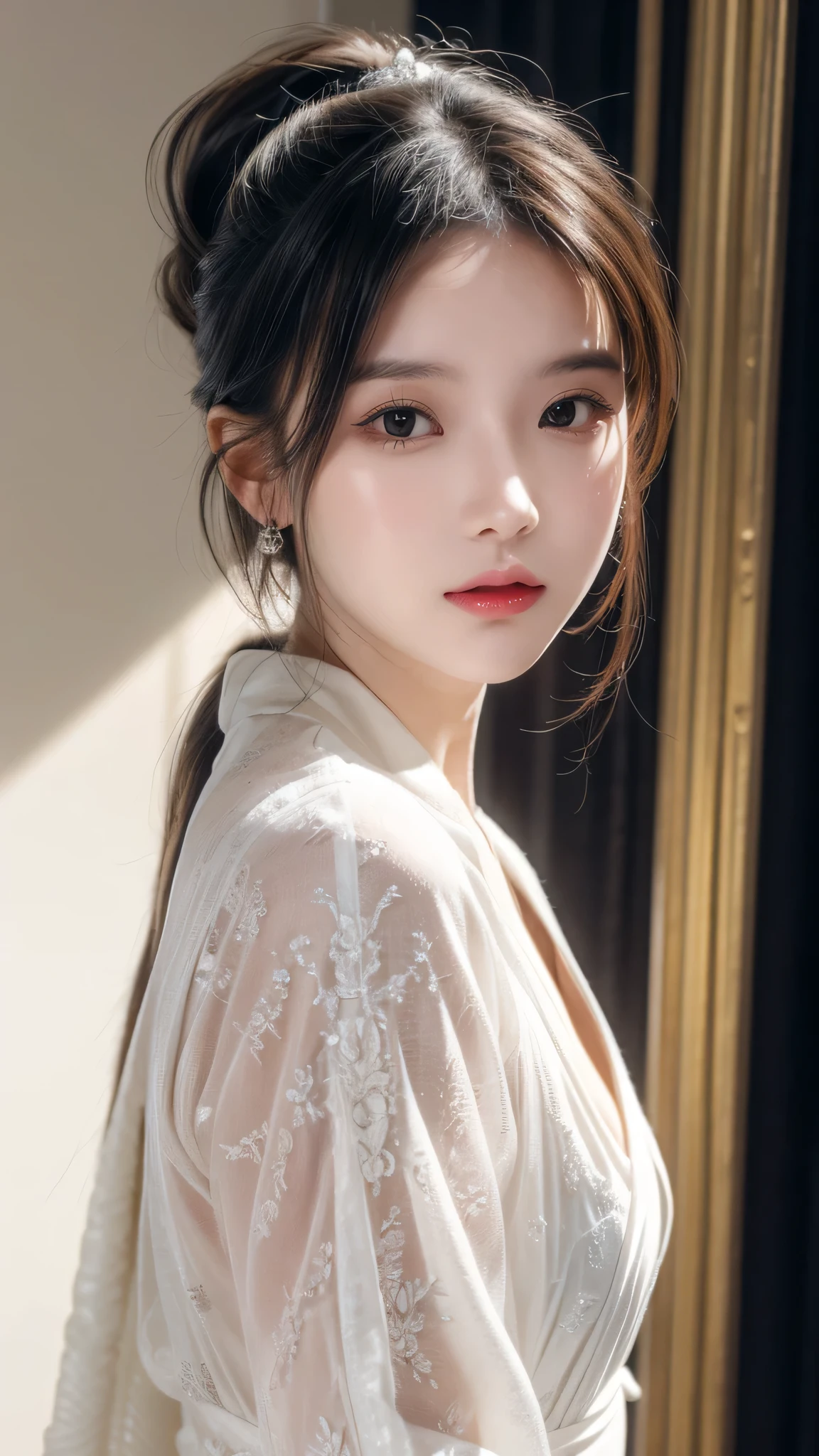 Nikon Z 85mm, ((best quality)) ((masterpiece)), intricate details, sharp focus, professional, photorealistic, real life, ultra realistic, photorealism,SILHOUETTE light,finely detail,best quality,extremely detailed CG unity 8k wallpaper,perfect artwork,upper body, shiny hair, glowing eyes, lustrous skin, realistic, perfect female figure, narrow waist, looking at viewer,lace,seductive posture, sexy pose, an extremely delicate and beautiful,best quality, beautiful detailed girl, beautiful detailed eyes,light on face,cinematic lighting,see-through,White pajamas, transparent material, revealing buttocks,a realistic representation of the face, (intricate details, makeup, (detailed beautiful delicate face, detailed beautiful delicate eyes, a face of perfect proportion, high detailed skin, detailed skin, best ratio four finger and one thumb, arms under breast, medium large breasts, smooth midriff, skiny and thin,fashion, solo ,(young), face highlight, upper body, detailed face, white skin, silver hair, ponytail, braid hair,big eyes, silk robe, (hollow pattern, silk), earrings, slim body, luxury room, professional lighting, tear robe,1 girl,Coiling hair