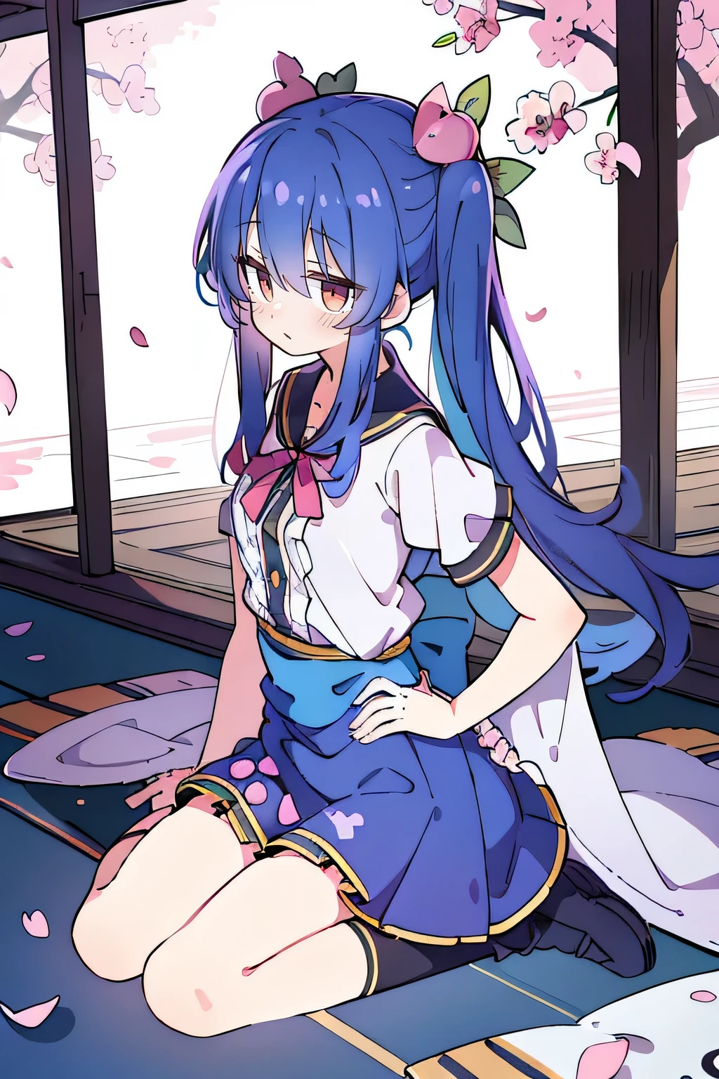 (best quality, masterpiece:1.2), expressive eyes, perfect face, 1 girl, hands on waist, beautiful, gorgeous, Japanese animation, Lola, Hinamori Angel, blue hair, floating clothes, waist grab, waist grab, hands on hips, sitting, sitting on the ground, legs on the ground, flat-chested, falling petals, sitting in a pavilion, pavilion.