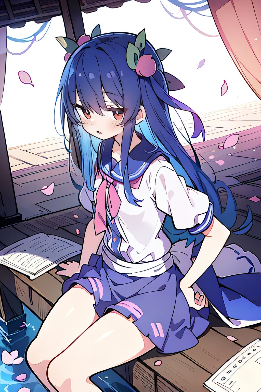(best quality, masterpiece:1.2), expressive eyes, perfect face, 1 girl, hands on waist, beautiful, gorgeous, Japanese animation, Lola, Hinamori Angel, blue hair, floating clothes, waist grab, waist grab, hands on hips, sitting, sitting on the ground, legs on the ground, flat-chested, falling petals, sitting in a pavilion, pavilion.