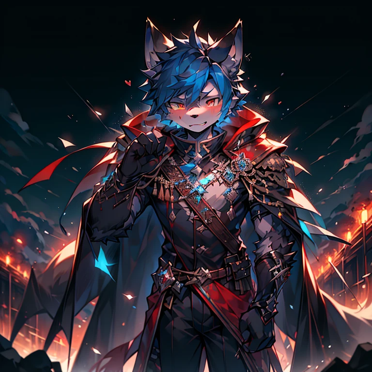 youth，Shota，Blue Hair ，male， masterpiece， high resolution，8k，Detailed background，high quality， Boys，Looking at the audience，view，Front view，male焦点，Wolf&#39;Facial features.. Turquoise Mecha.Surrounded by lights，in the style of futuristic，Starry Sky，hairy, 变色龙战场中的一匹Wolf., Fighting with swords on battlefield at night......... Black dragon tattoo on left arm, Blood Moon. The body is that of a little man........, God of Death and Terror, The God of Nightmares He holds a black samurai sword，Blade red，Bloodstained....... German soldiers&#39;, A black cape