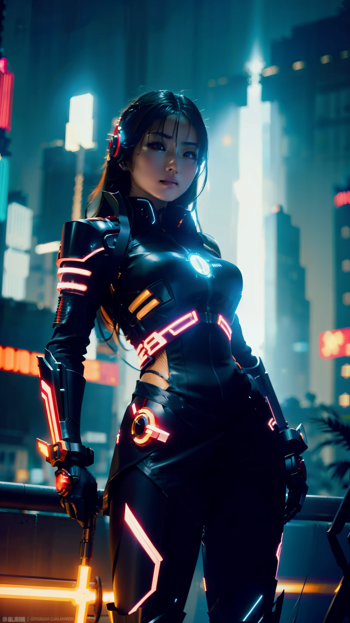 In the pulsating core of the cyberpunk metropolis, Jakarta, a strikingly ethereal Asian woman with a voluminous waterfall of ebony hair grabs attention in the vibrant, neon-lit crowd. Clad in a formidable, fiery-red mecha suit, she emanates tenacity and grit. The polished suit's surfaces mirror the technicolor cityscape, enhancing the enthralling lights and holograms that dart through the air. With her ornate, ceremonial blade gripped tightly in hand, this captivating mystery embodies perseverance and optimism amidst Jakarta's riotous, fut