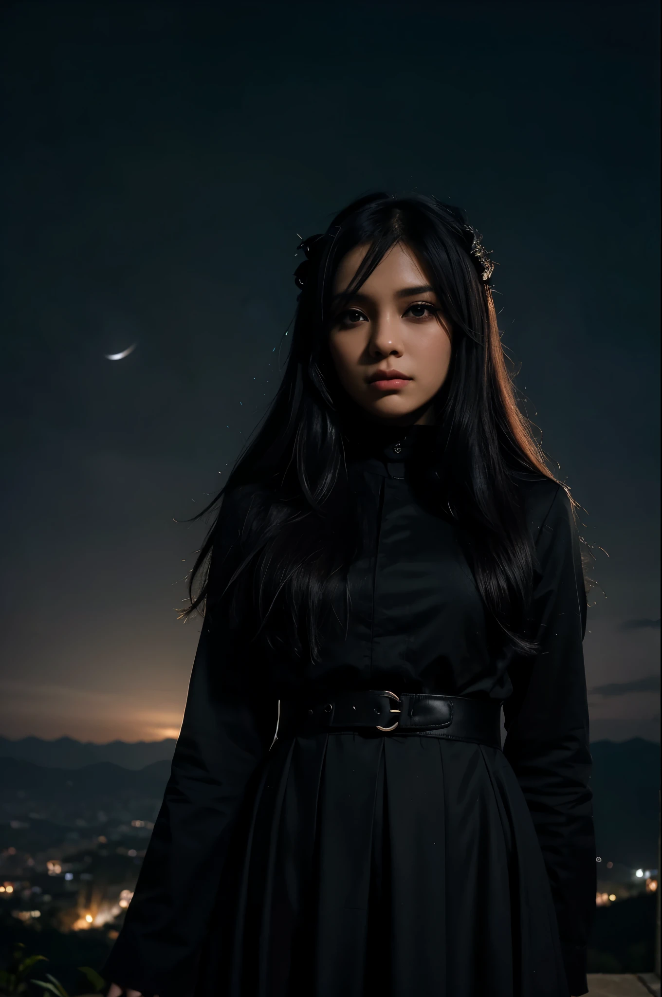 Buat gambar hd untuk album cover musik. gothic menggambarkan seorang perempuan yang sedang berdoa dan menatap ke arah langit yang penuh dengan bintang. Perempuan tersebut malam hari di atas bukit. Zoom out. Penuh dengan tanaman. Silhouette. Full colour.