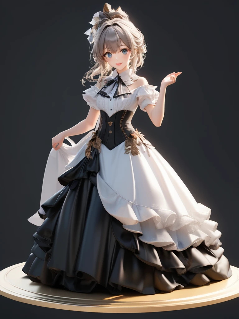 3D figure, a photo of an figure, full body, high quality photo, wild and bautiful 1girl, simple and flat background, (masterpiece:1.2), (best quality),(ultra detailed),(extremely detailed),(absolutely resolution) ,absurdres,8k, 
BREAK, 1girl, solo, (high-resolution-eyes:1.5), gradation hair, messy hair, blowing kiss, smile, standing-on-pedestal,