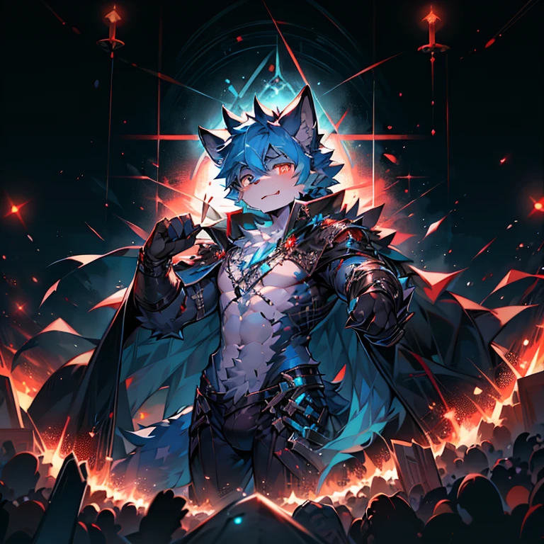 youth,Shota,Blue Hair ,male, masterpiece, high resolution,8k,Detailed background,high quality, boys,Looking at the audience,view,Front view,male焦点,Wolf'Facial features.. Turquoise Mecha.surrounded by lights,in the style of futuristic,Starry Sky,hairy, 变色龙战场中的一匹Wolf., Fighting with swords on battlefield at night......... Black dragon tattoo on left arm, Blood Moon. The body is that of a man........, God of Death and Terror, The god of nightmares holds a black katana,Blade Red,Bloodstained....... German soldiers', Black cape