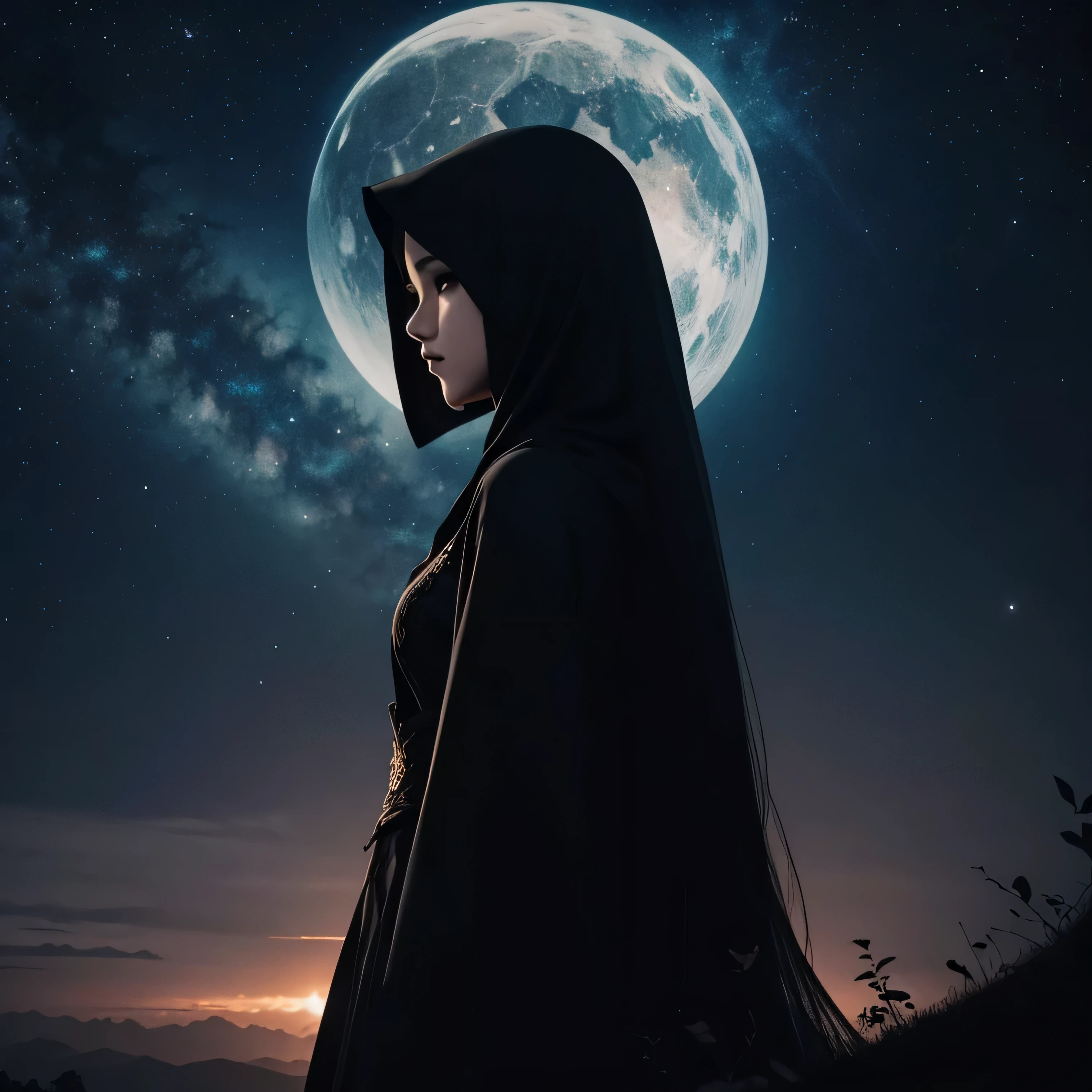 Buat gambar hd untuk album cover musik. gothic menggambarkan seorang perempuan yang sedang berdoa dan menatap ke arah langit yang penuh dengan bintang. Perempuan tersebut malam hari di atas bukit. Zoom out. Penuh dengan tanaman. Silhouette. Full colour.