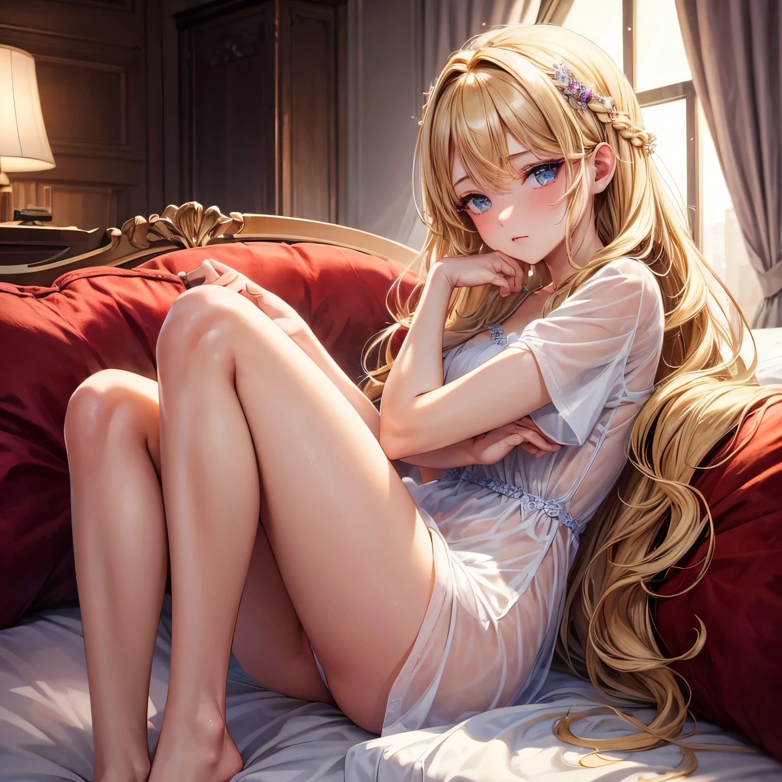 ((best quality)), ((masterpiece)), (detailed), perfect face, sexy body, girl, curled up on the bed while hugging her knees, wear short nightgowns, Long blonde hair flowing beautifully, scared face, pretty, good 