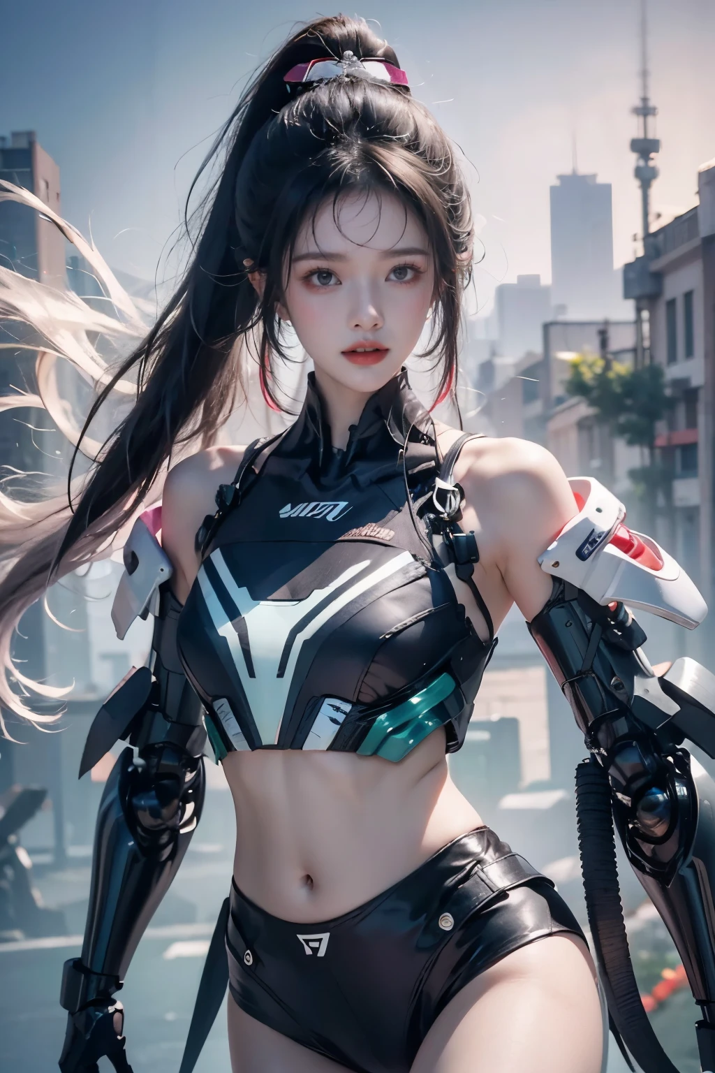 tmasterpiece,Best quality at best,A high resolution,8K,(portrait),(Close up of avatar),(RAW photogr),real photograph,digital photography,(cyberpunk queen),14-year-old girl,long ponytail hairstyle,By bangs,(pink and silver gradient hair),(Glowing emerald green eyes),Devil Eyes,Serious and charming,lightning glowing electronic components,silver wires and tubes connect the body,Complex light blue electronic texture,Weird technology symbols,Black round forehead symbol,Luxurious mechanical crown,Keep your mouth shut,(Mechanical Woman),Photo pose,cyber punk perssonage,Future Style,Dawn Background,oc render reflection texture,Shoulder exposed,Navel exposed,Flat Chest,Small breasts,Small breasts,Small waist,Small Ass,Thin legs,Leaner figure,Slim figure,Glowing blue eyes,Confidence,Thin, sharp, and bold, upturned eyes,The background is a futuristic city,Beautiful city background at sunrise,The skin is exposed on the shoulders.,The skin on the neck is exposed,The shoulders have exposed skin.,The skin on the neck is exposed,The light of the sunrise brightens my face,The neck is exposed and not covered by the suit,Her belly button is also exposed and not covered by the suit.,