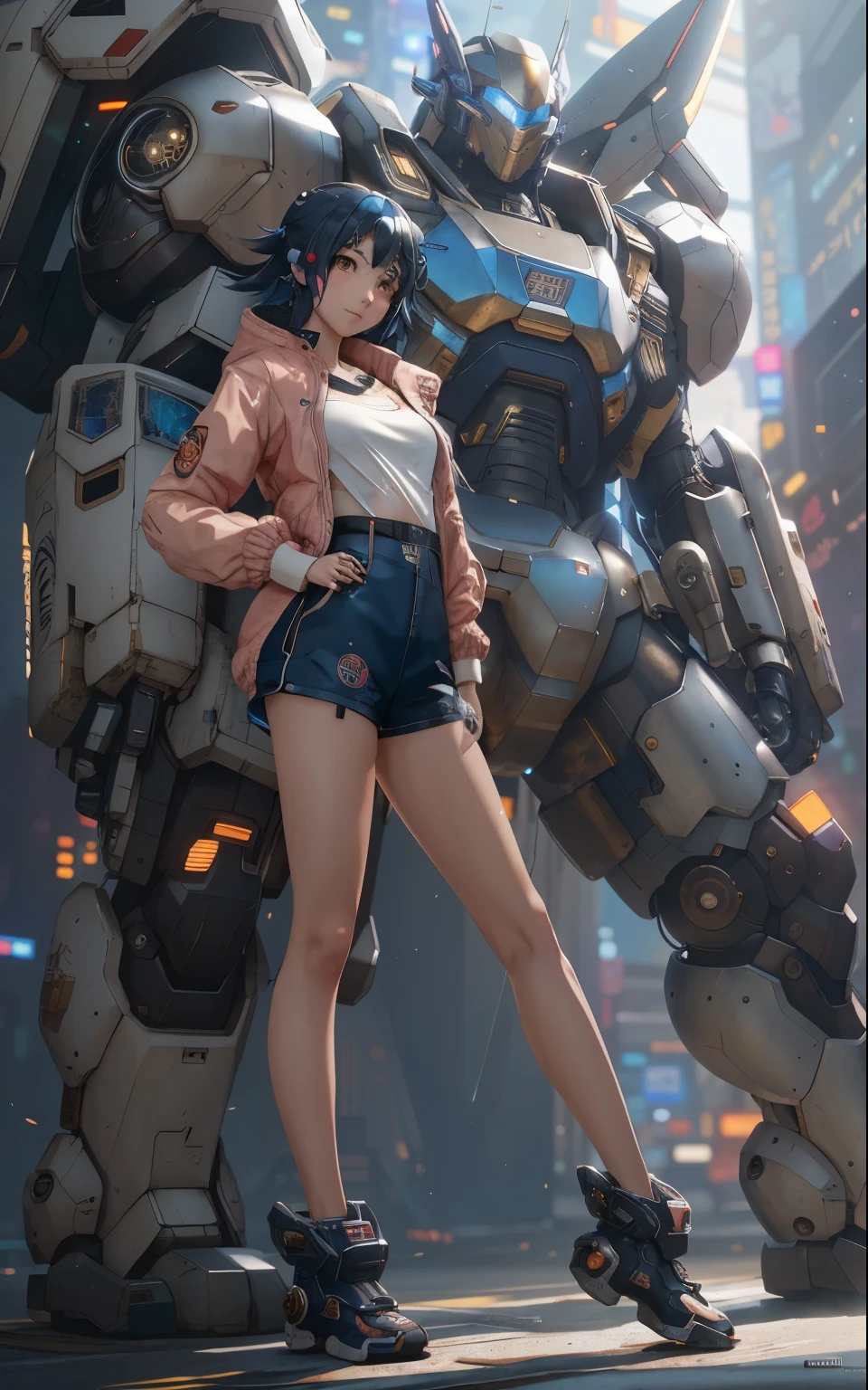 anime girl in short shorts and jacket standing next to giant robot, artwork in the style of guweiz, cyberpunk anime girl mech, trending on cgstation, guweiz, by Russell Dongjun Lu, digital cyberpunk anime art, ross tran 8 k, guweiz on artstation pixiv, girl in mecha cyber armor