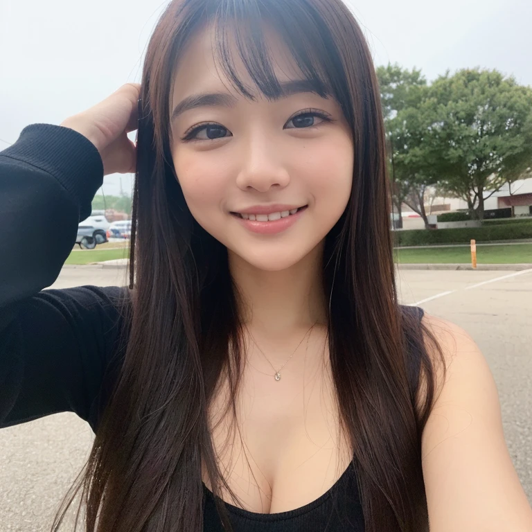 (highest quality, Realistic photos, Raw photo, 16k), (((The attractive face of a beautiful Japanese woman, Shoot from the front of the subject,))) ((A smile that captivates you, Long hair in a ponytail Dark brownish black hair, Fine lashes, Bangs that cover the eyebrows, Beautiful nose, Attractive mouth, Lustrous and beautiful skin,)) (((The best moments that make you happy,))) ((Shoot from the front of the subject)) (SFW:1.5,) 