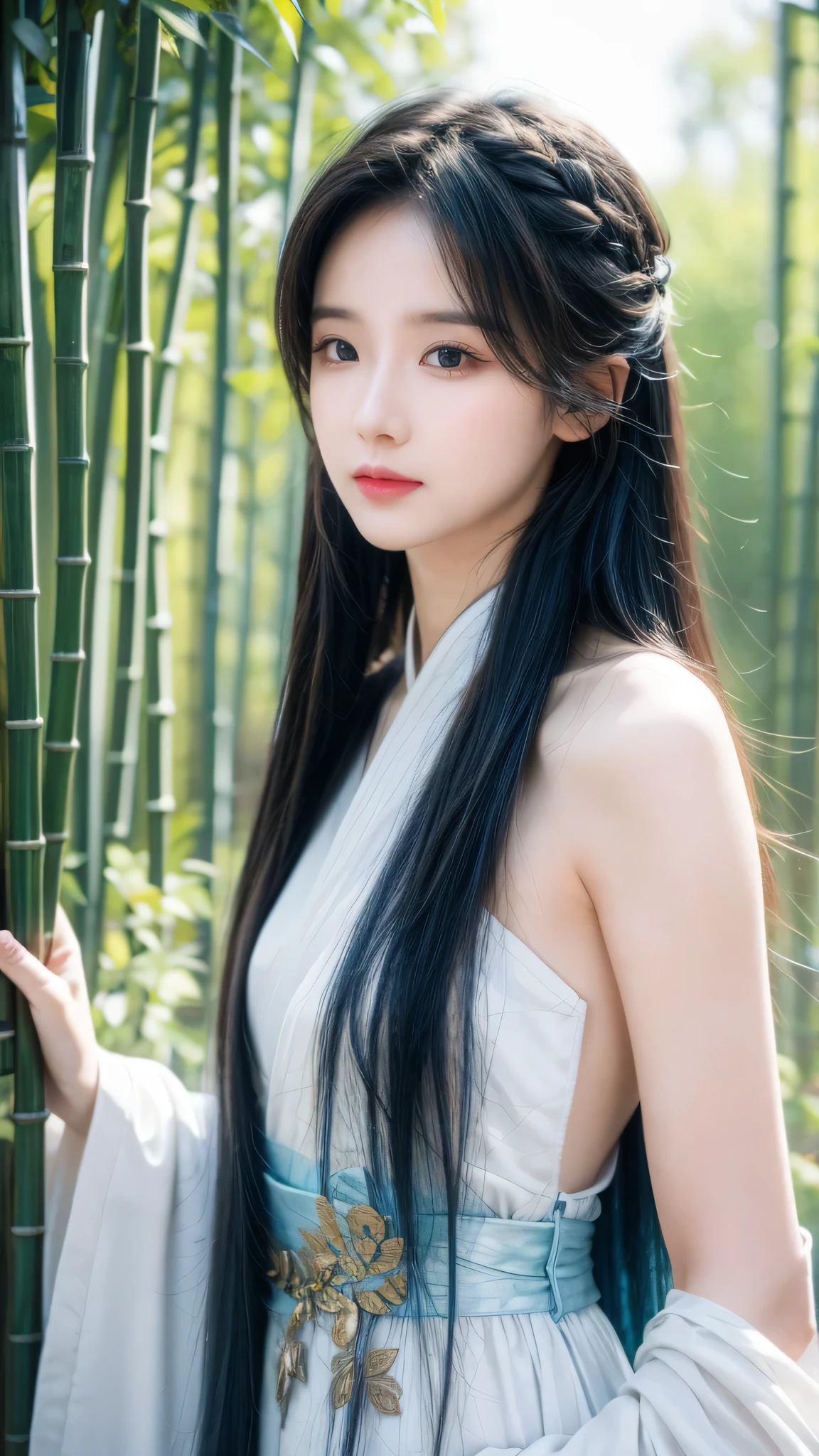 masterpiece, best quality, official art, 8k wallpaper, Very detailed, illustration, 1 boy, Chinese, ink, sky blue hair, Long hair, Delicate eyes, Forrest Fun, Bare shoulders, Hanfu, lake, pure, Gentle smile, bamboo, Tea