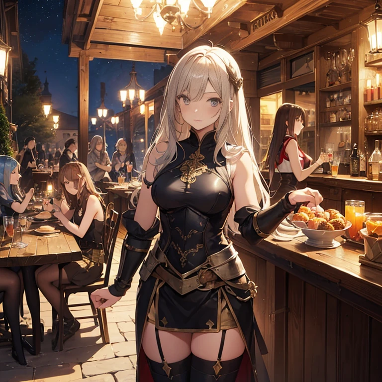 A group of female medieval fantasy adventurers, (in tavern), various hair styles, harem, night, details face, short skirt, seducing, sleeveless, armor