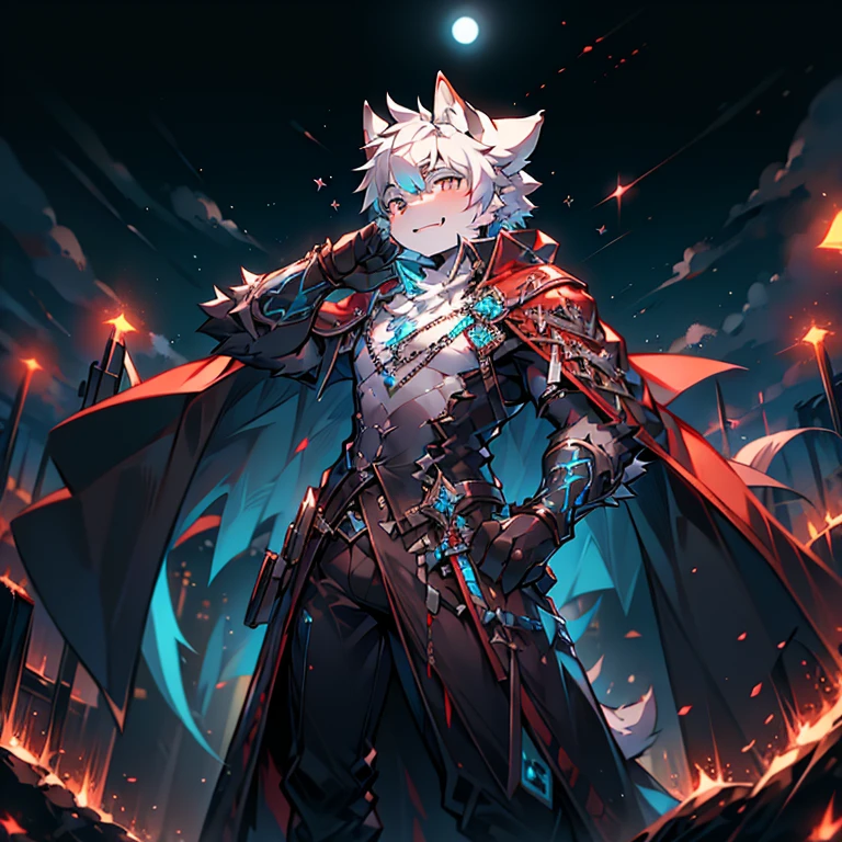 youth,Shota,White hair ,male, masterpiece, high resolution,8k,Detailed background,high quality, boys,Looking at the audience,view,Front view,male焦点,Wolf'Facial features.. Turquoise Mecha.surrounded by lights,in the style of futuristic,Starry Sky,hairy, 变色龙战场中的一匹Wolf., Fighting with swords on battlefield at night......... Black dragon tattoo on left arm, Blood Moon. The body is that of a little man........, God of Death and Terror, The god of nightmares holds a black katana,Blade Red,Bloodstained....... German soldiers', Black cape