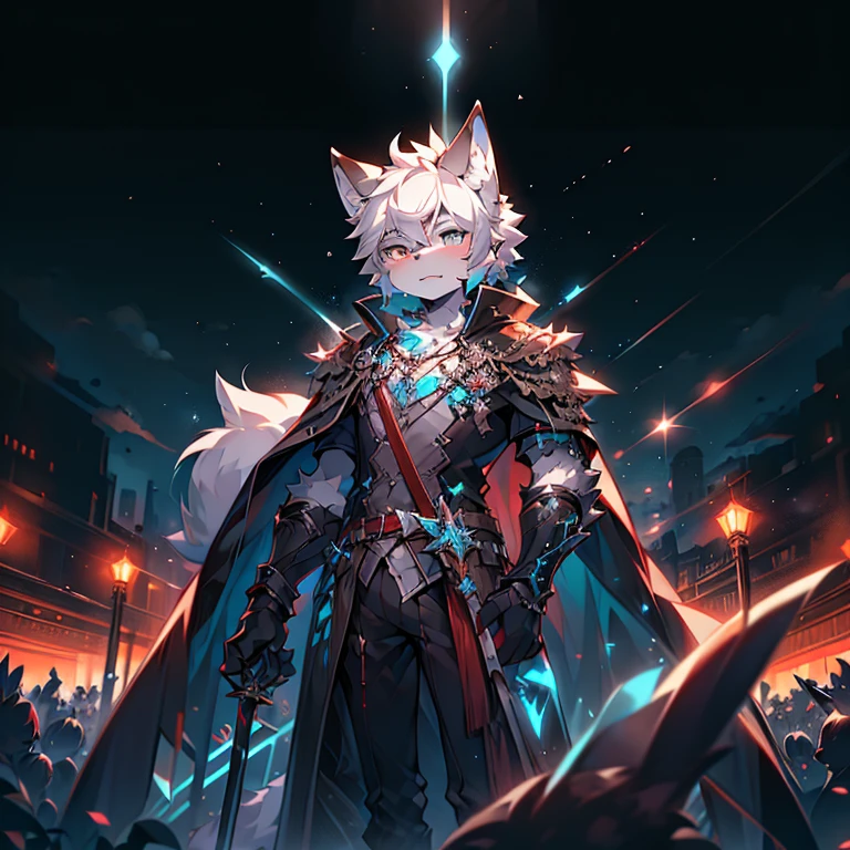 youth,Shota,White hair ,male, masterpiece, high resolution,8k,Detailed background,high quality, boys,Looking at the audience,view,Front view,male焦点,Wolf'Facial features.. Turquoise Mecha.surrounded by lights,in the style of futuristic,Starry Sky,hairy, 变色龙战场中的一匹Wolf., Fighting with swords on battlefield at night......... Black dragon tattoo on left arm, Blood Moon. The body is that of a little man........, God of Death and Terror, The god of nightmares holds a black katana,Blade Red,Bloodstained....... German soldiers', Black cape