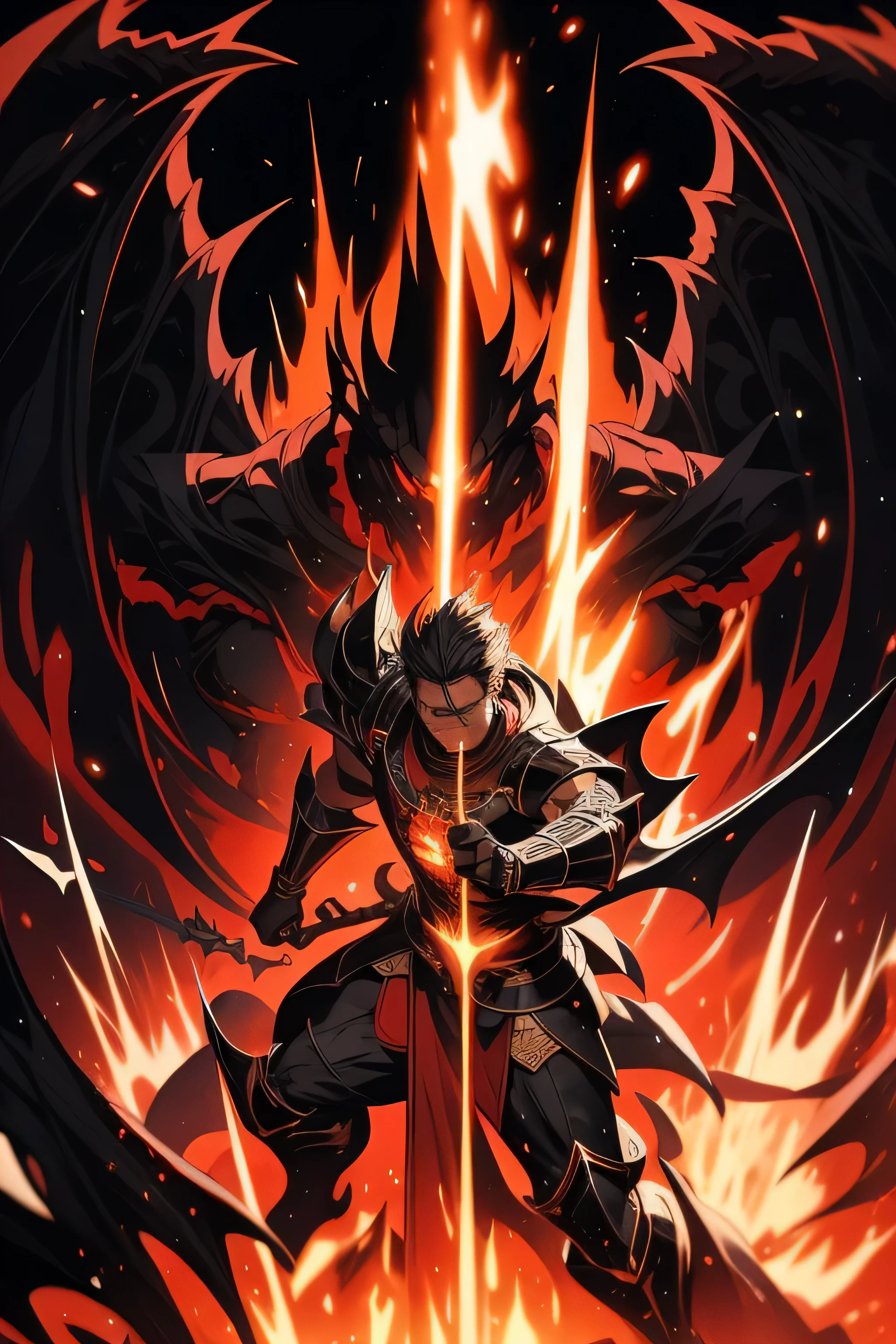 Imbued with the aura of the Black Dragon30Anime illustrations of men in their twenties, epic anime fantasy,Red temple background,The Strongest Overlord,Spectacular anime style, Dragon Knight, Epic fantasy art style, Human-Dragon Fusion, Advanced Digital Animation Art, Anime fantasy illustration, Amazing anime 8k, Epic fantasy style art, Fantasy-style anime, Epic fantasy style, Detailed anime art,Wearing black armor,Equipped with a great sword,Shooting from a low angle,A more accurately drawn face