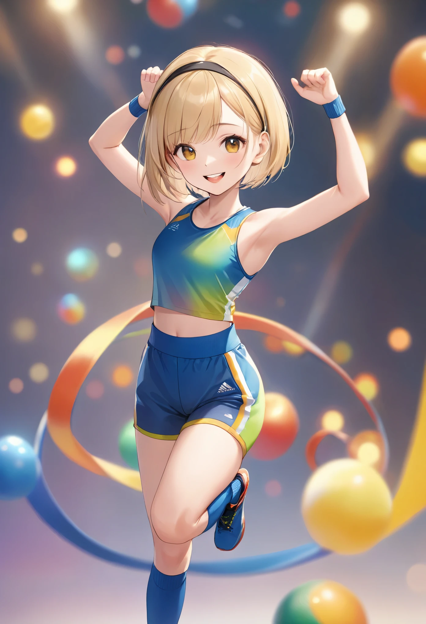 (highest quality,4K,8k,High resolution,masterpiece:1.2),Very detailed,(Realistic,photoRealistic,photo-Realistic:1.37),whole body,Beautiful fine details,beautiful lip detail,Very detailed目と顔,Long eyelashes,lean and fit body,A confident smile,Cheerful pose,attractive appearance,Colorful background,Vibrant colors,Studio Lighting,Bokeh,Women Artists,15-year-old girl,Professional,Short blonde bob hair,((Forehead Band)),Aerobics Instructor,Grin,Sweat,Active lifestyle,Sporty look,Play sports often,Shorts,((socks,レースアッProfessionalングブーツ)),Flexible movement,Slender body,Shiny texture,Sculpted figures,A progressive fitness environment,Positive attitude,Healthy shine,Fitness Motivation,Personal trainer