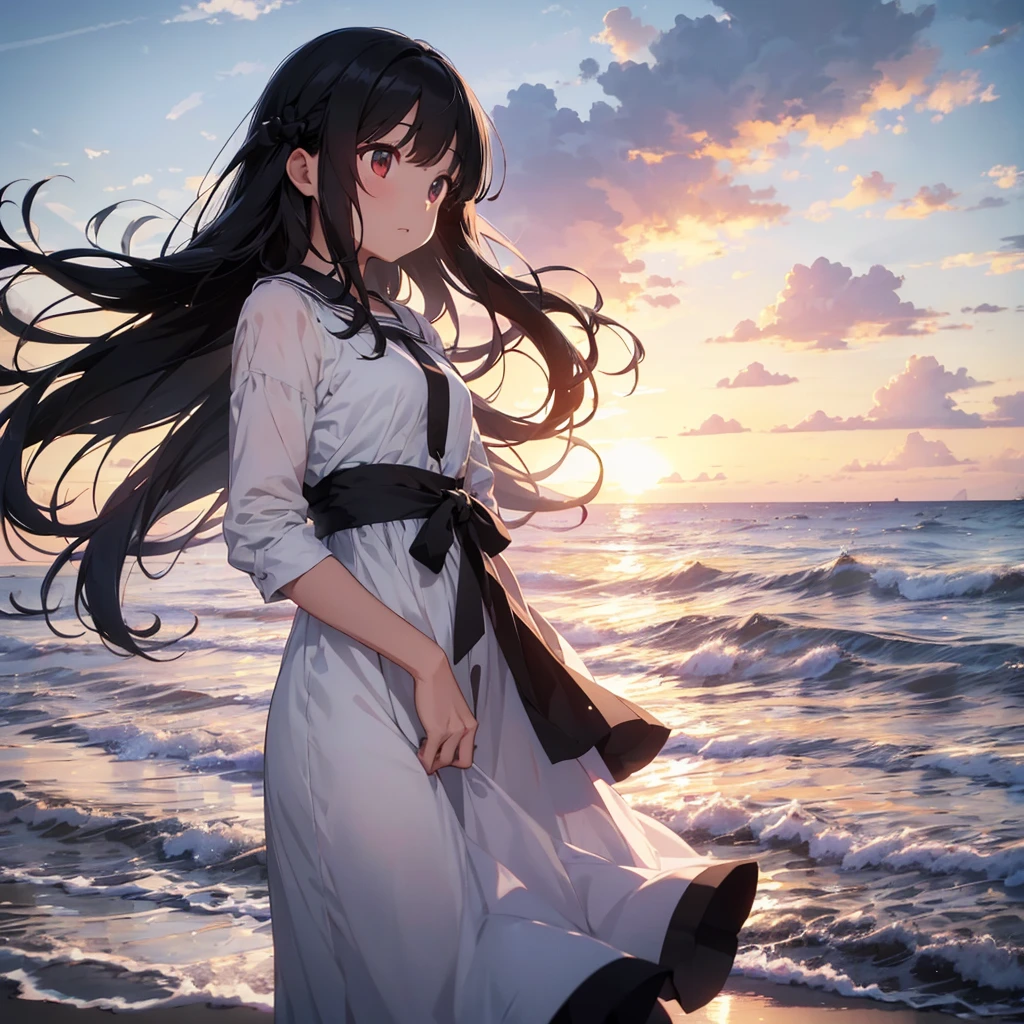 black hair, {1girl in center}, (18 years old), white long dress,long hair,beautiful background, (in sea side),wind from sea,lookin at sea,side view,long shot,,(((looking away))),(((Turning the face away))), perfect lighting,