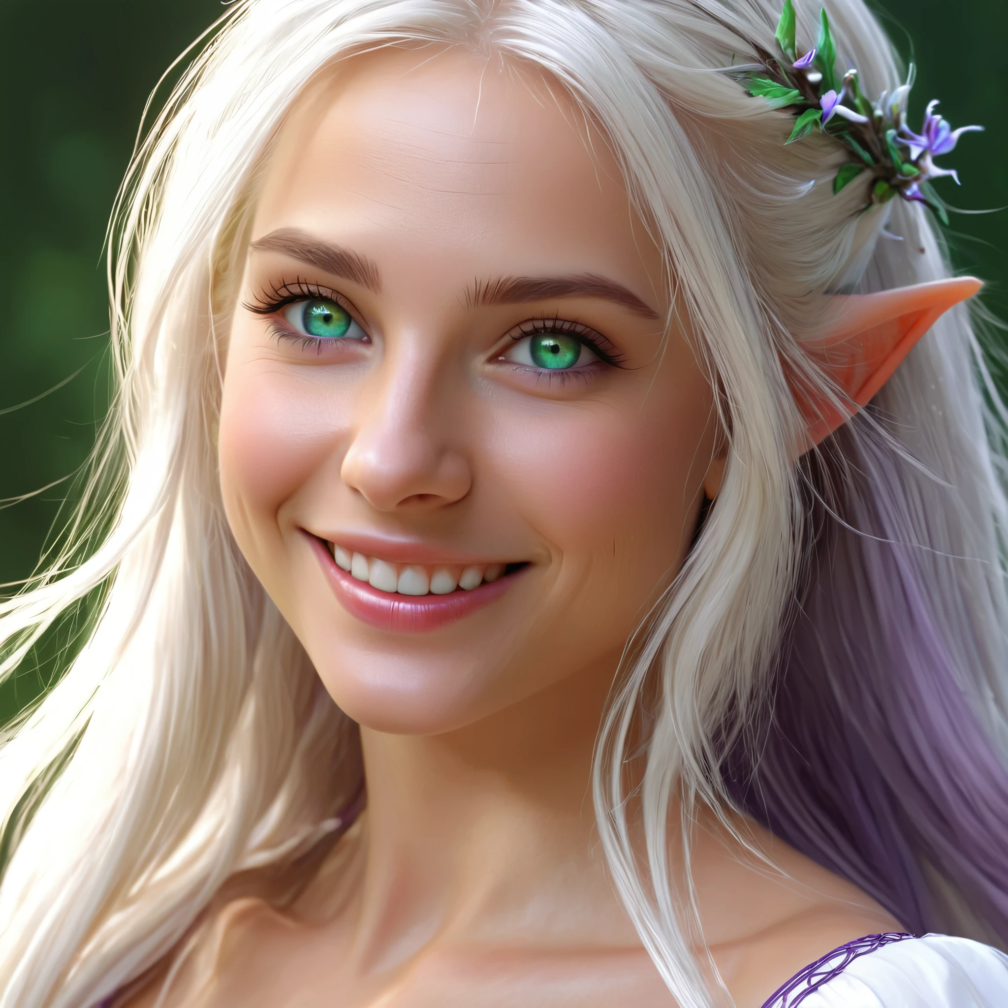 woman's face, long blonde hair, smiling, sun is red, (digital painting, concept art, smooth, sharp focus, intricate details, close-up, masterpiece: 1.2), ultra-detailed,  detailed green and blue eyes, white dress, purple and white hair, one beautiful elf.