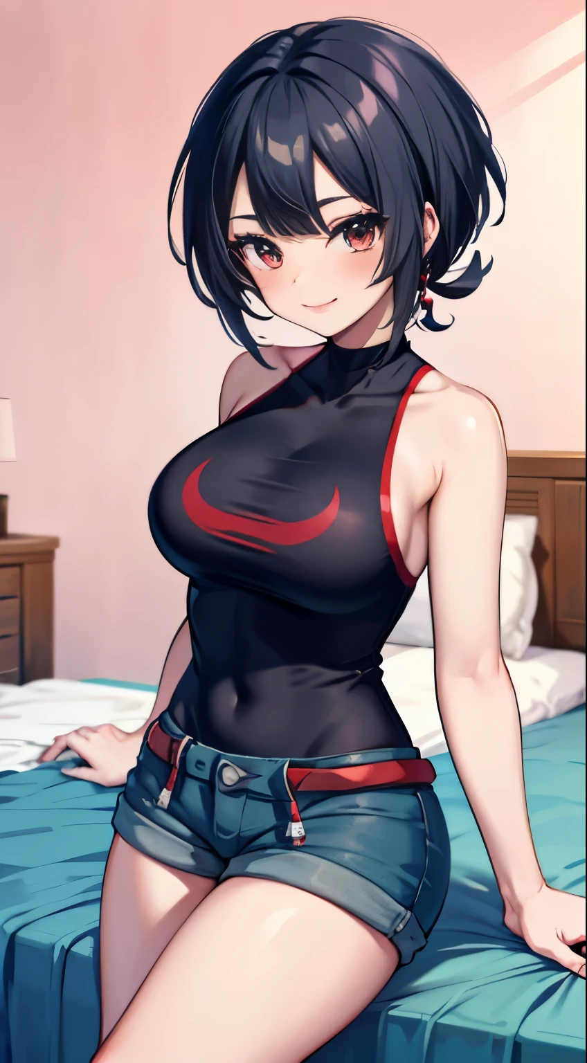 Black hair，Red eyes，Short hair，，Blue competition swimming，blush，Smile，Large Breasts，Second Dimension，Beauty，Shijiana（Pokémon）Bedroom Background，Denim shorts