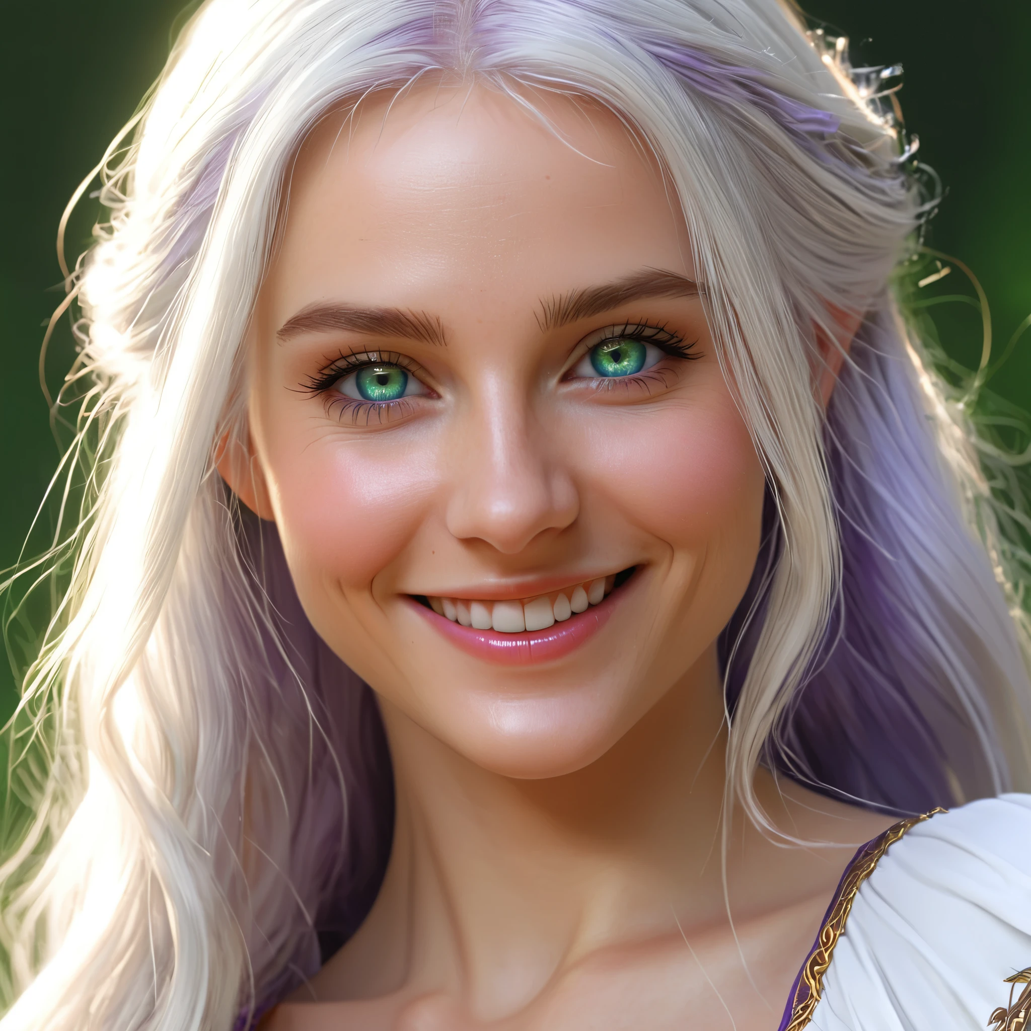 woman's face, long blonde hair, smiling, sun is red, (digital painting, concept art, smooth, sharp focus, intricate details, close-up, masterpiece: 1.2), ultra-detailed, detailed green and blue eyes, white dress, purple and white hair, one beautiful elf.
