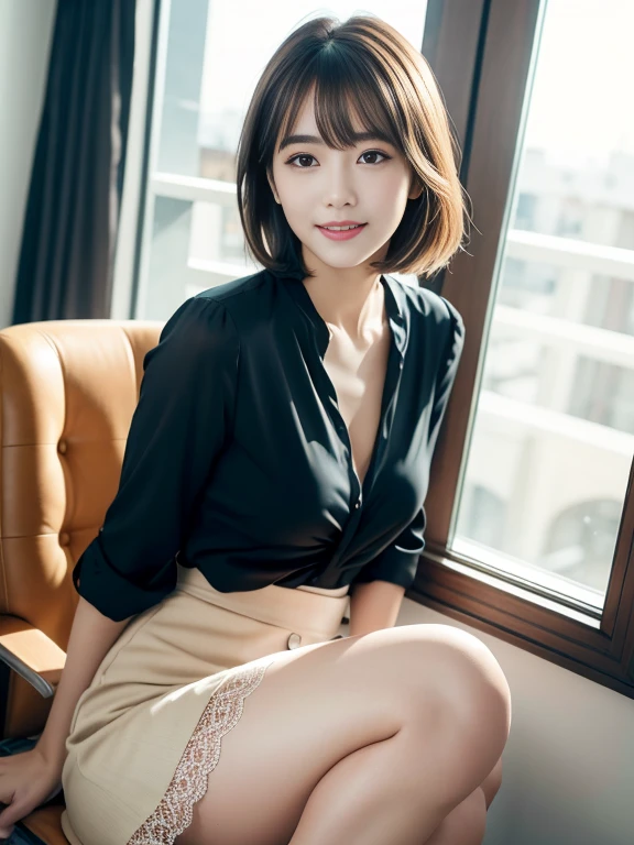 (Ultra-realistic), (High resolution), (8k), (very detailed) (beautifully detailed eyes),masterpiece, Best image quality, high quality,(super detailed), (wallpaper), (detailed face), The whole body is visible、above the knee image、Beautiful legs、thin脚、Look at me,Beautiful woman, Japanese, detailed, detailed eyes, detailed skin, Beautiful Skin, 超High resolution, (reality: 1.4),so beautiful, Beautiful Skin, thin, The finer details, detailed face, Look straight ahead, Al Photography, Bright lighting, Professional Lighting, Iris、brown hair, Short hair swaying in the wind, Stylish bangs、thin眉毛、smile、flat chest、 neat woman, natural beauty、 light makeup 、thinウェスト、fishtail skirt、Lace blouse、Feminine office style、Walking in the office district