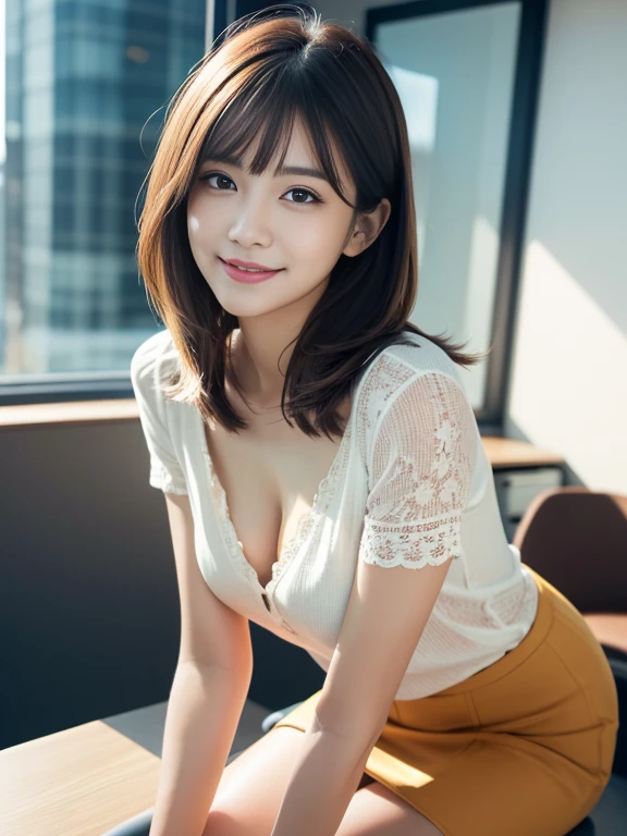 (Ultra-realistic), (High resolution), (8k), (very detailed) (beautifully detailed eyes),masterpiece, Best image quality, high quality,(super detailed), (wallpaper), (detailed face), The whole body is visible、above the knee image、Beautiful legs、thin脚、Look at me,Beautiful woman, Japanese, detailed, detailed eyes, detailed skin, Beautiful Skin, 超High resolution, (reality: 1.4),so beautiful, Beautiful Skin, thin, The finer details, detailed face, Look straight ahead, Al Photography, Bright lighting, Professional Lighting, Iris、brown hair, Short hair swaying in the wind, Stylish bangs、thin眉毛、smile、flat chest、 neat woman, natural beauty、 light makeup 、thinウェスト、fishtail skirt、Lace blouse、Feminine office style、Walking in the office district