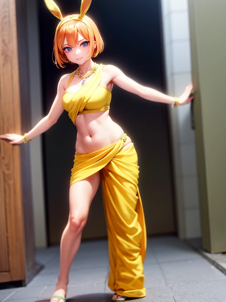 （8k, RAW photos, minino：1.1） ，female，（looki at viewer company），cowboy lens，Japanese，nakao yotsuba  / (qq\），（fullbody saree：1.1），La Brett Piercing，cleavage，(((yellow saree)))，seductive smile，Be red on the face, full body photo, standing, lean, muscular legs, muscular belly, short hair, orange hair, hair between eye, blue eye, hairband, rabbit ears, breasts, headphone, medium breasts, (no bindi) Professional lighting、photon mapping、physics-based rendering、dark theme，wearing wifs, jewellery and necklace, alone, extreme high quality, legs covering saree, 