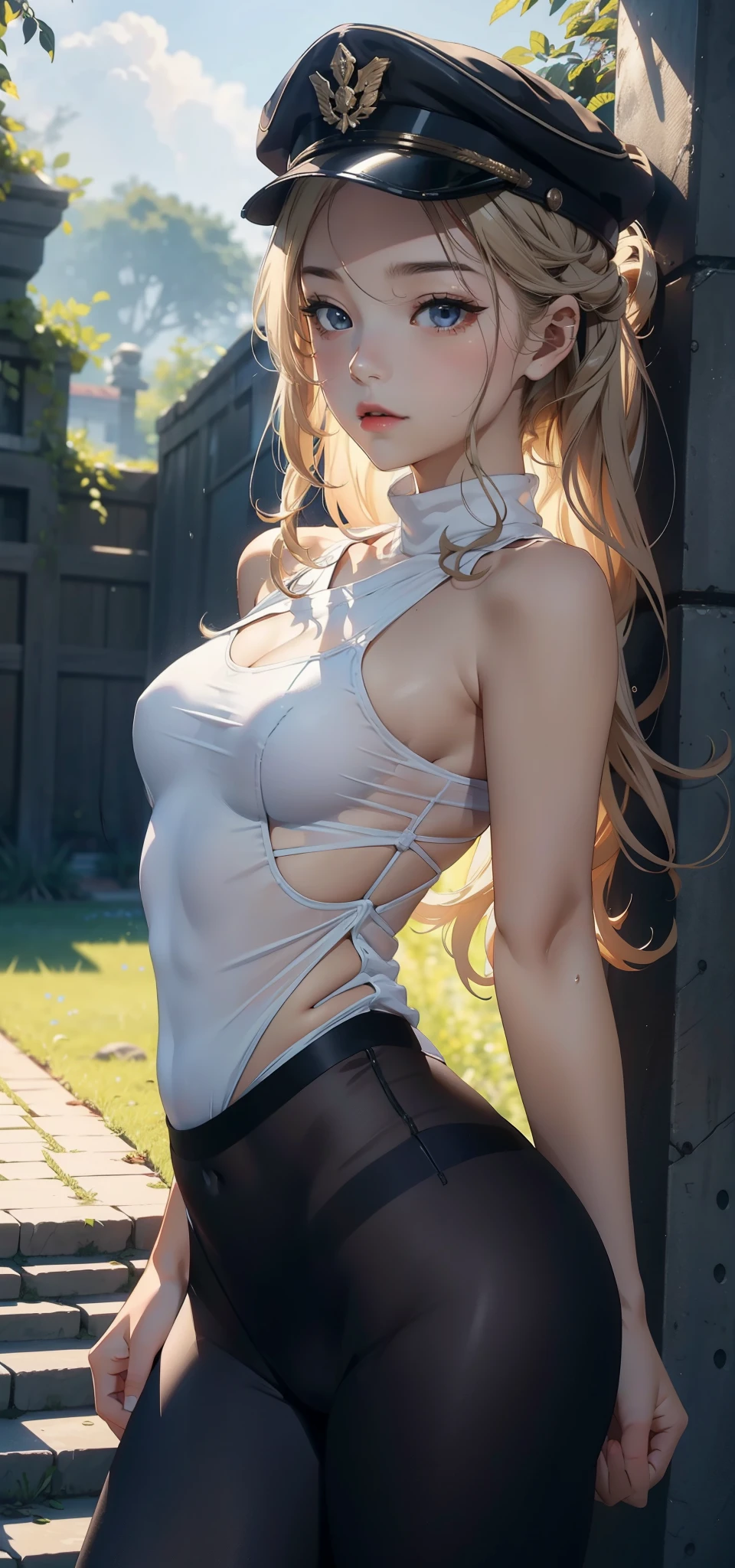 1 woman,Small ,Small chest ,(background:forest,,summer) She has long blond hair,curls,Long hair flying,Everlasting,Sweat,soak,From the front, Straight Hair, partly cloudy,(((masterpiece),(Highly detailed CG Unity 8k wallpaper),best quality,Movie Lighting,細緻的background,Beautiful and delicate eyes,black eyes,(Very delicate and beautiful),(Beautiful and detailed description of the eyes),Ultra Detailed,masterpiece,)),face camera,high resolution,Ultra Detailed),Exposing breasts,Exposing genitals, Convex,Legs open,Convex起性感,Camel toe,Primary school students(wear:Military cap,Turtleneck shirt,Transparent tights)Sci-fi style,nude