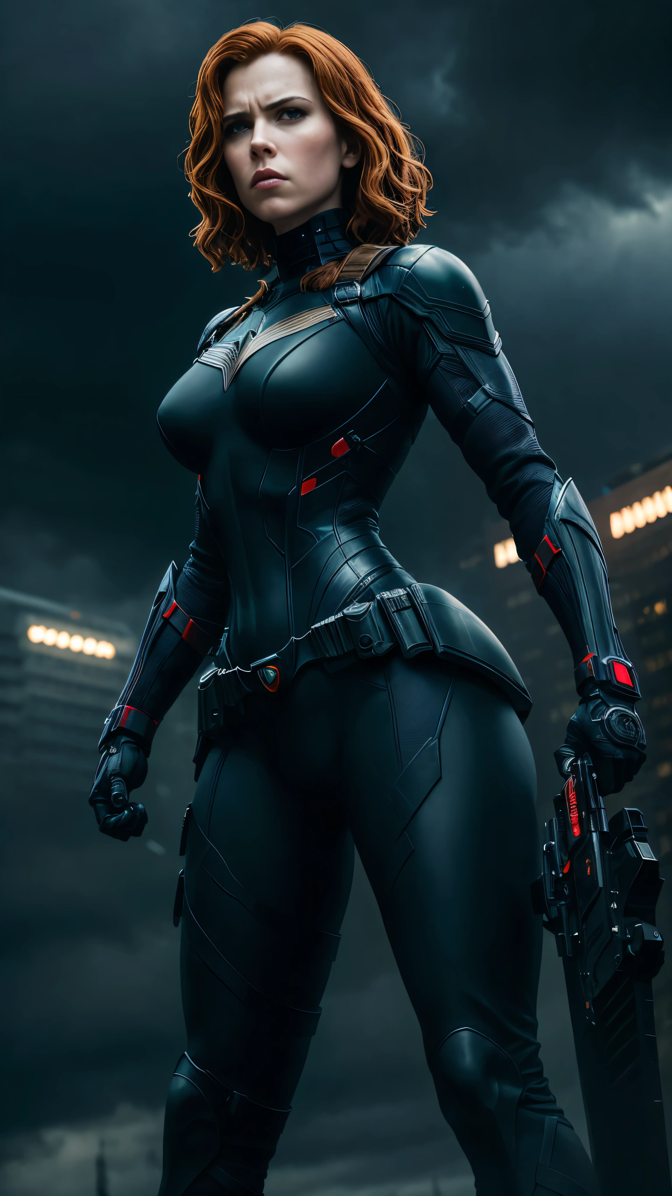 A realistic statue of thoughtful and brave Black Widow, clad in her sleek black bodysuit, stands ready for battle in a high definition image, set against a moody, foggy background. The intricate details of her armor and weapons shine under the brilliant lights, reflecting her determination and resilience. In this hyper-realistic, 8K representation, she prepares to engage in an epic fight against her toughest enemy in the gritty world of the Dark Knight. The mostly cloudy sky looms above, adding to the dramatic atmosphere as they clash, their sharp features, and agile movements captured in stunning detail.