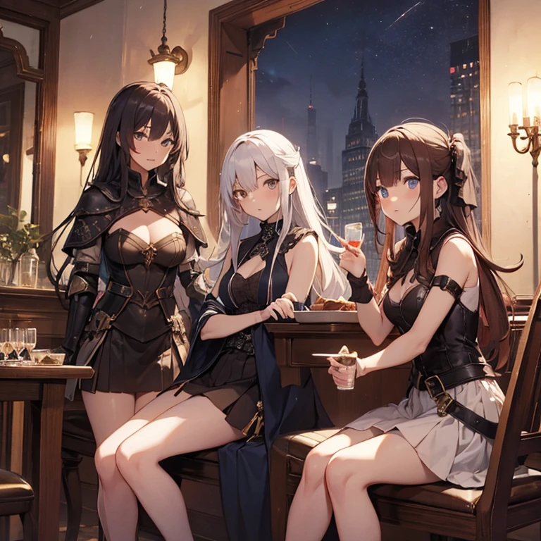 A group of  female medieval fantasy adventurers, (in tavern), various hair styles, harem, night, details face, short skirt, seducing, sleeveless, armor, multiple girls, witch, priestess