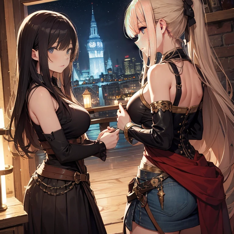 A group of female medieval fantasy adventurers, (in tavern), various hair styles, harem, night, details face, short skirt, seducing, sleeveless, armor