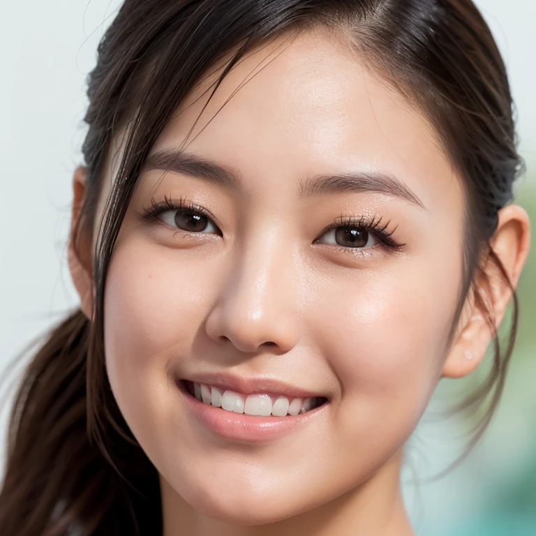 (highest quality, Realistic photos, Raw photo, 16k), (((The attractive face of a beautiful Japanese girl, Shoot from the front of the subject,))) ((A smile that captivates you, Dark brownish black hair, Fine lashes, Ponytail long hair style, Bangs that cover the eyebrows, Beautiful nose, Attractive mouth, Lustrous and beautiful skin,)) (((The best moments that make you happy,))) ((Shot from the side of the subject)) (SFW:1.5,)