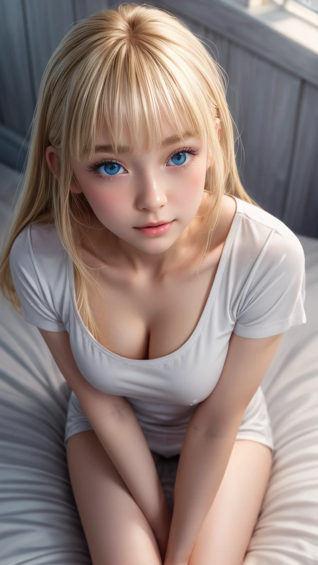 Beautiful and innocent 20 year old blonde girl、Beautiful shining platinum blonde hair、bangs fall on face、((Wearing an open white T-shirt,Dramatic Pose)),sexy look,Super long straight blonde silky hair,Bed Background,Beach Background、RAW Photos, (8k、highest quality、masterpiece:1.2)、(Intricate details:1.4)、(Realistic:1.4)、Octane Rendering、Exquisite 3D rendering for ultra-detailed detail, Studio Soft Light, Rim Light, Sharp details, Super Detail, Realistic skin texture, Cheek gloss、detailed aspects, Very beautiful bright pale blue eyes, Very big eyes、Highly detailed CG Unity 16k wallpaper, Perfect beauty、Round face、Compensate, (Detailed Background:1.2), Shiny skin, whole body、From head to thighs、Cleavage,((sleep with your head up、Top view angle))