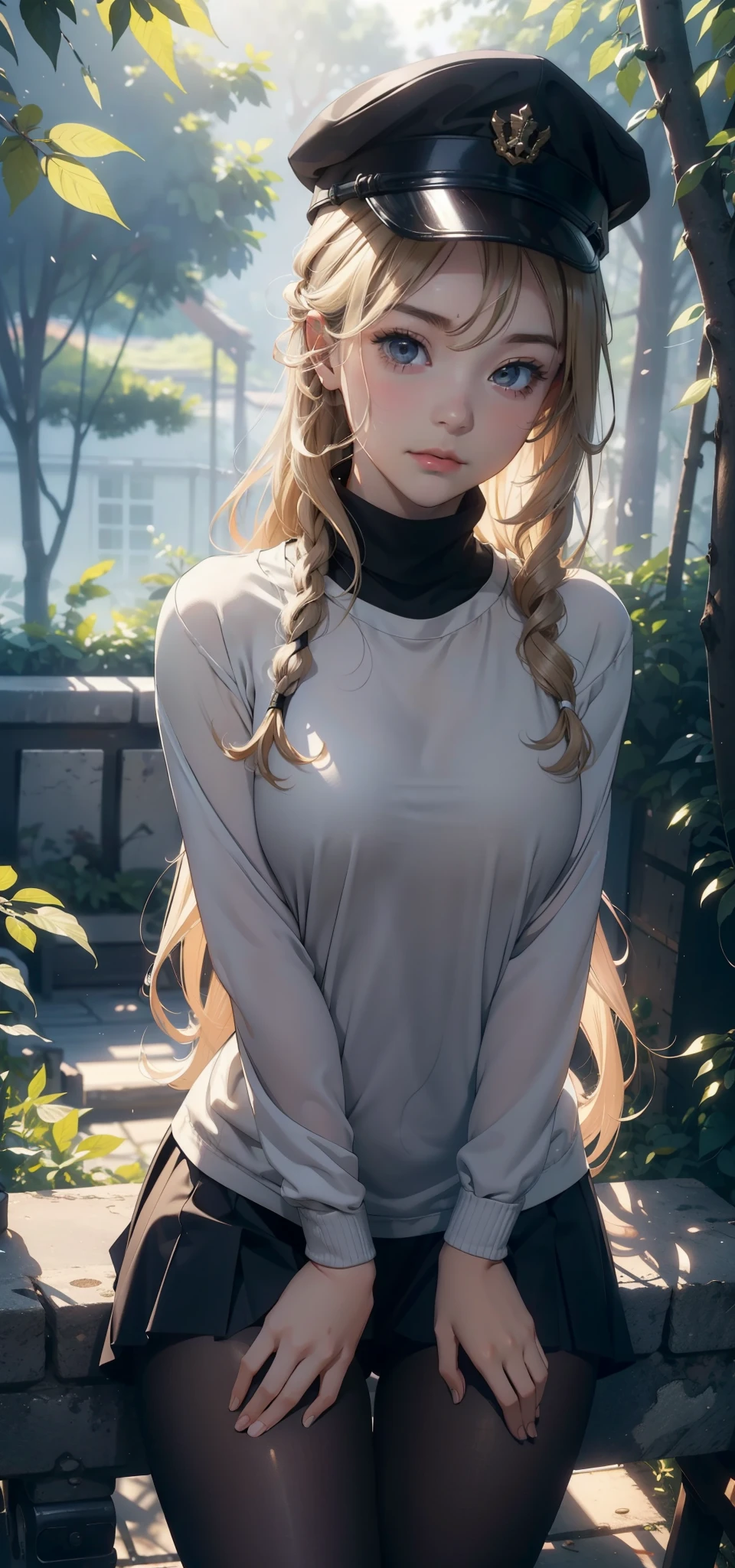 1 woman,Small Loli,Small chest ,(background:forest,,summer) She has long blond hair,curls,Long hair flying,Everlasting,Sweat,soak,From the front, Straight Hair, partly cloudy,(((masterpiece),(Highly detailed CG Unity 8k wallpaper),best quality,Movie Lighting,細緻的background,Beautiful and delicate eyes,black eyes,(Very delicate and beautiful),(Beautiful and detailed description of the eyes),Ultra Detailed,masterpiece,)),face camera,high resolution,Ultra Detailed),Exposing breasts,Exposing genitals, Convex,Legs open,Convex起性感,Camel toe,Primary school students(wear:Military cap,Turtleneck shirt,White transparent tights)Sci-fi style,nude