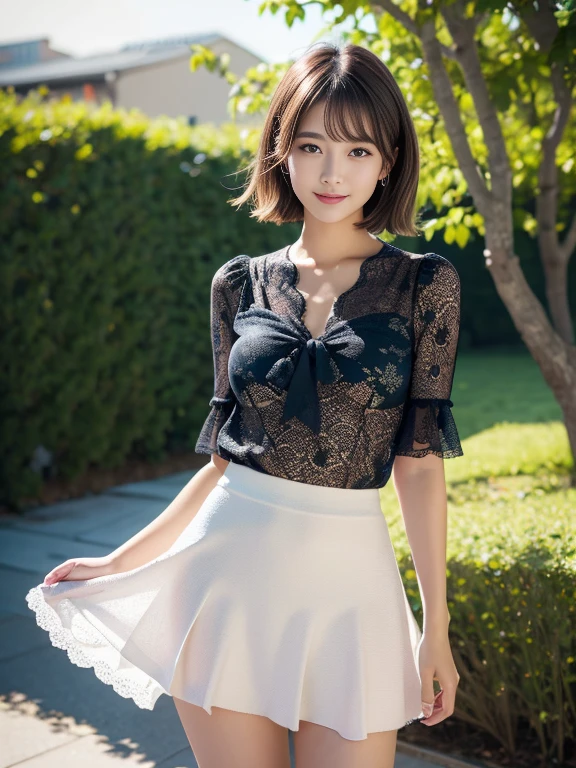 (Ultra-realistic), (High resolution), (8k), (very detailed) (beautifully detailed eyes),masterpiece, Best image quality, high quality,(super detailed), (wallpaper), (detailed face), The whole body is visible、above the knee image、Beautiful legs、thin脚、Look at me,Beautiful woman, Japanese, detailed, detailed eyes, detailed skin, Beautiful Skin, 超High resolution, (reality: 1.4),so beautiful, Beautiful Skin, thin, The finer details, detailed face, Look straight ahead, Al Photography, Bright lighting, Professional Lighting, Iris、brown hair, Short hair swaying in the wind, Stylish bangs、thin眉毛、smile、flat chest、 neat woman, natural beauty、 light makeup 、thinウェスト、fishtail skirt、Lace blouse、Feminine office style、Walking