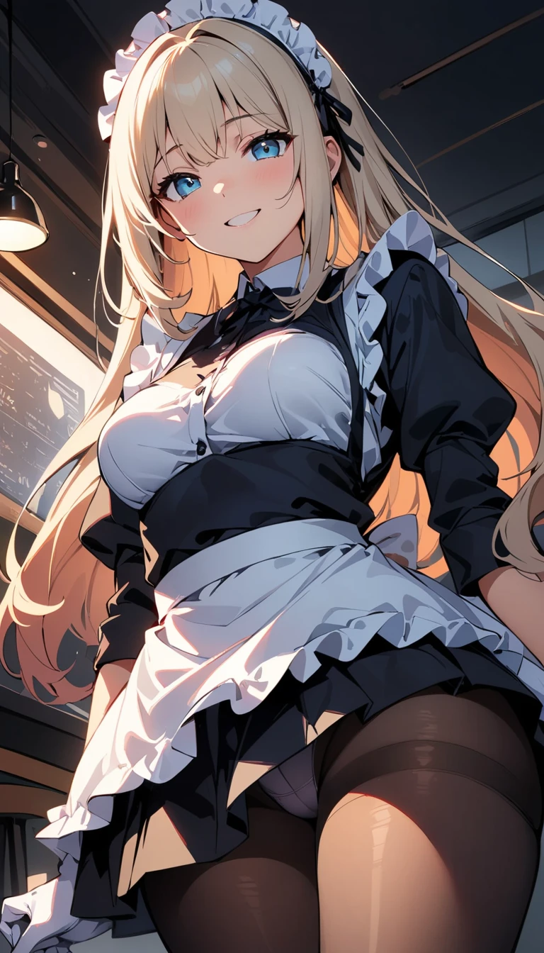 (high quality, 8k, 4K, High Contrast, masterpiece:1.2, 最high quality, Best aesthetics), , Maid, Very detailed, Seductive and erotic girl with lace headdress, smile, (Normal milk, Silver fur), Focus on the face, Focus on the face, Complex eyes, tights, laced tights, coffee shop, Ground angle shot, Viewer looking up, feet in tights, Open-chested clothing