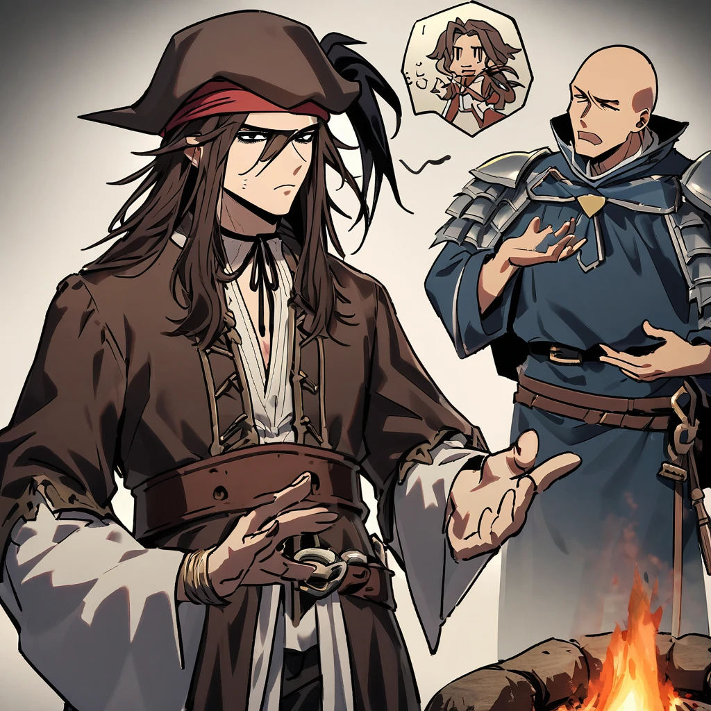 (extreme complexity)(two subjects)(A flamboyant vampire (greatly resembling Johnny Depp as Jack Sparrow, no hat, long dark hair, exaggerated hand gestures) looks bored, (a young (25), bald, European monk, athletic, dressed in a white robe with platinum trim and a holy symbol of Bahamut) is explaining a moral lesson by a camp fire at night